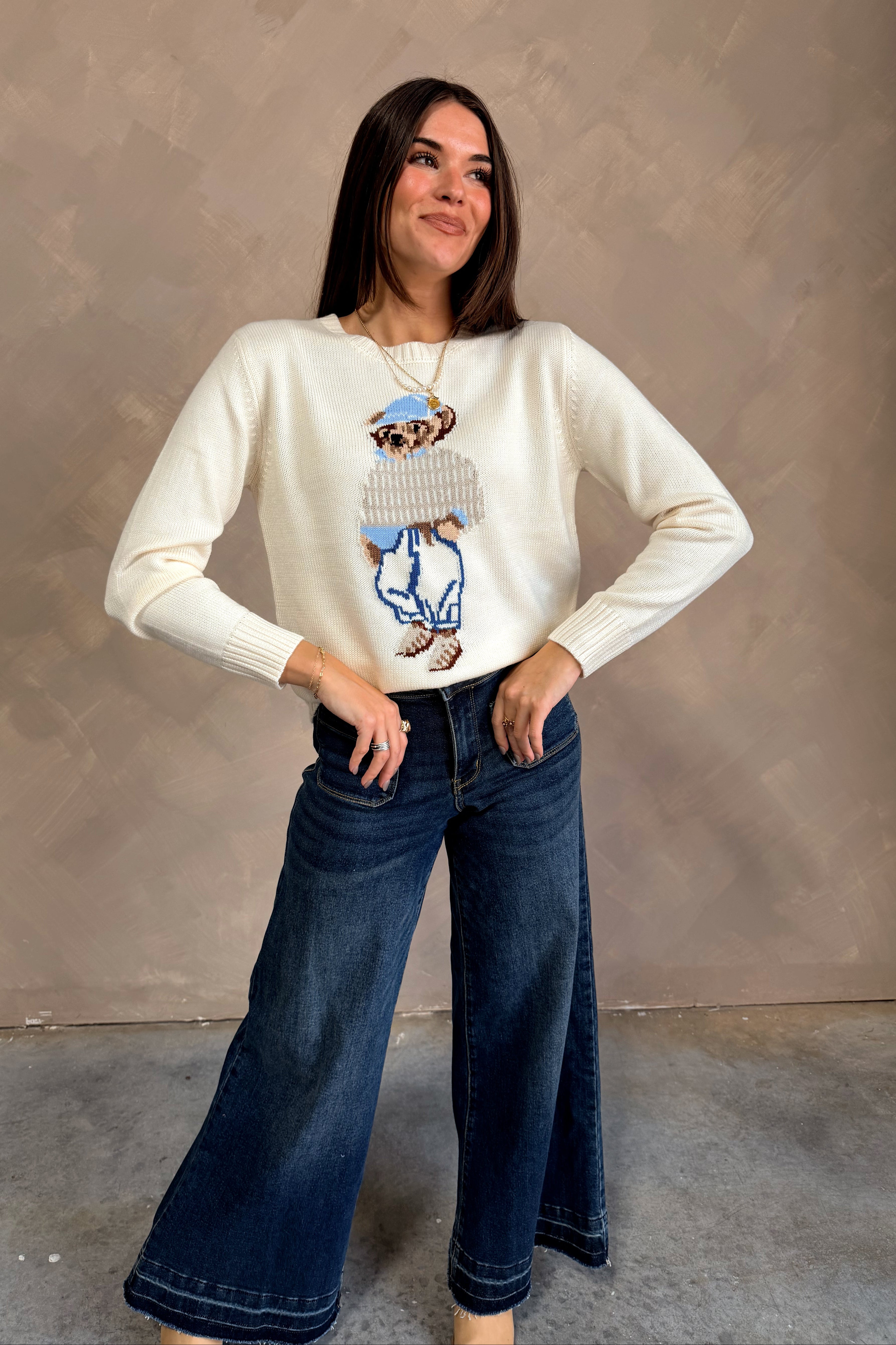 Tegan Ivory Teddy Bear Sweater - full body front view