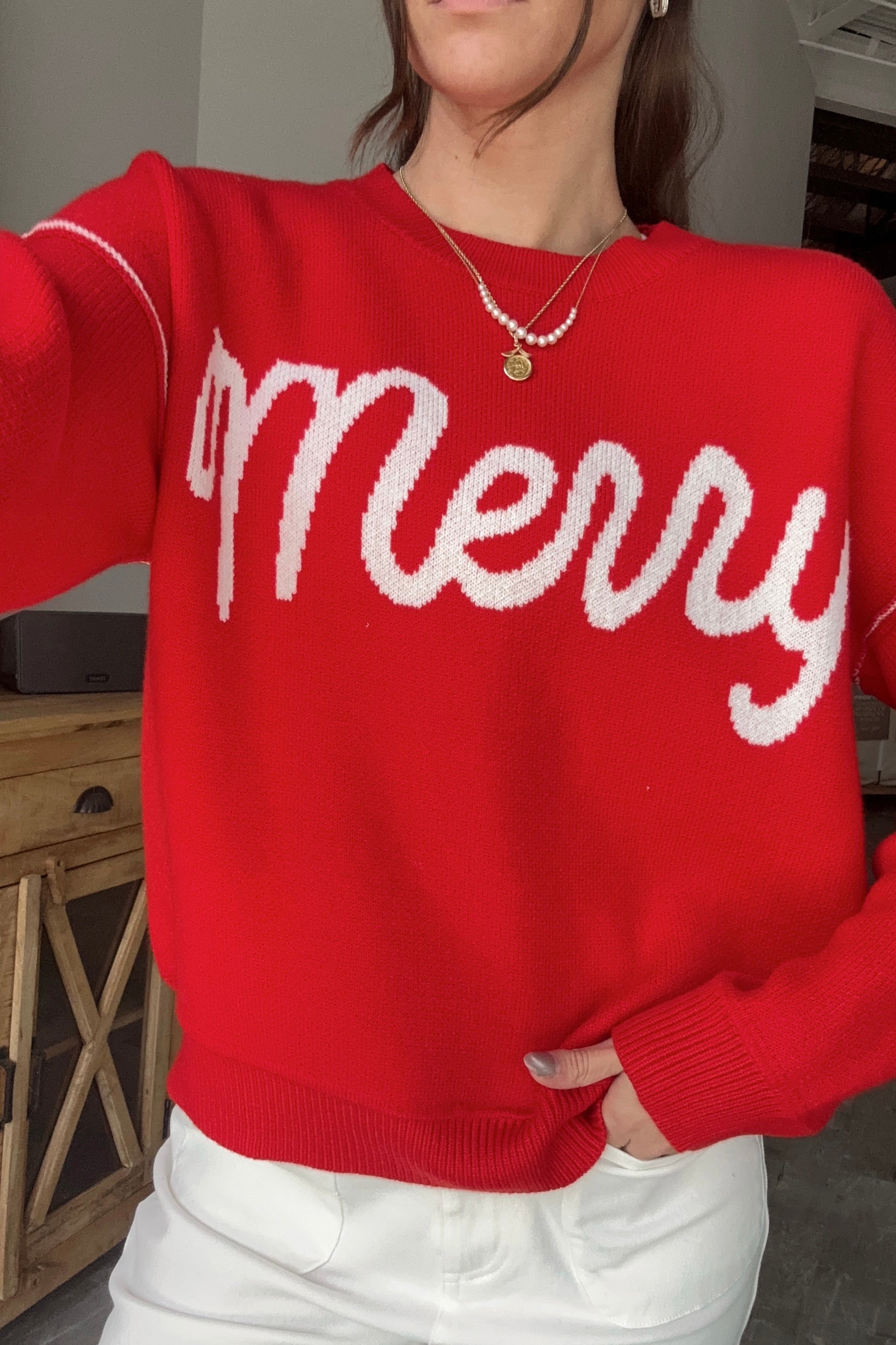 Merry Red & Cream Sweater - close front view