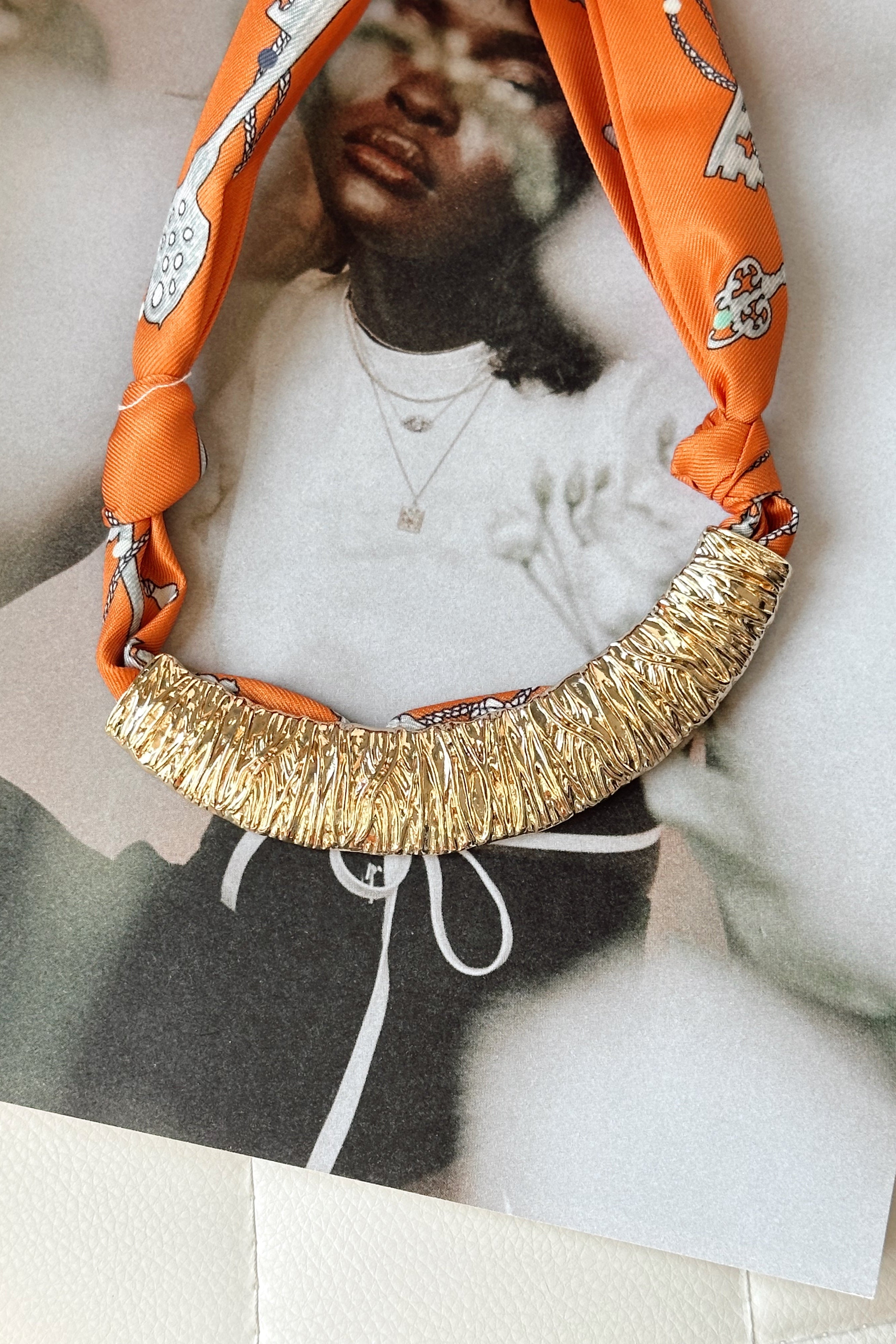 Patricia Orange Multi & Gold Bar Scarf Necklace- close up view