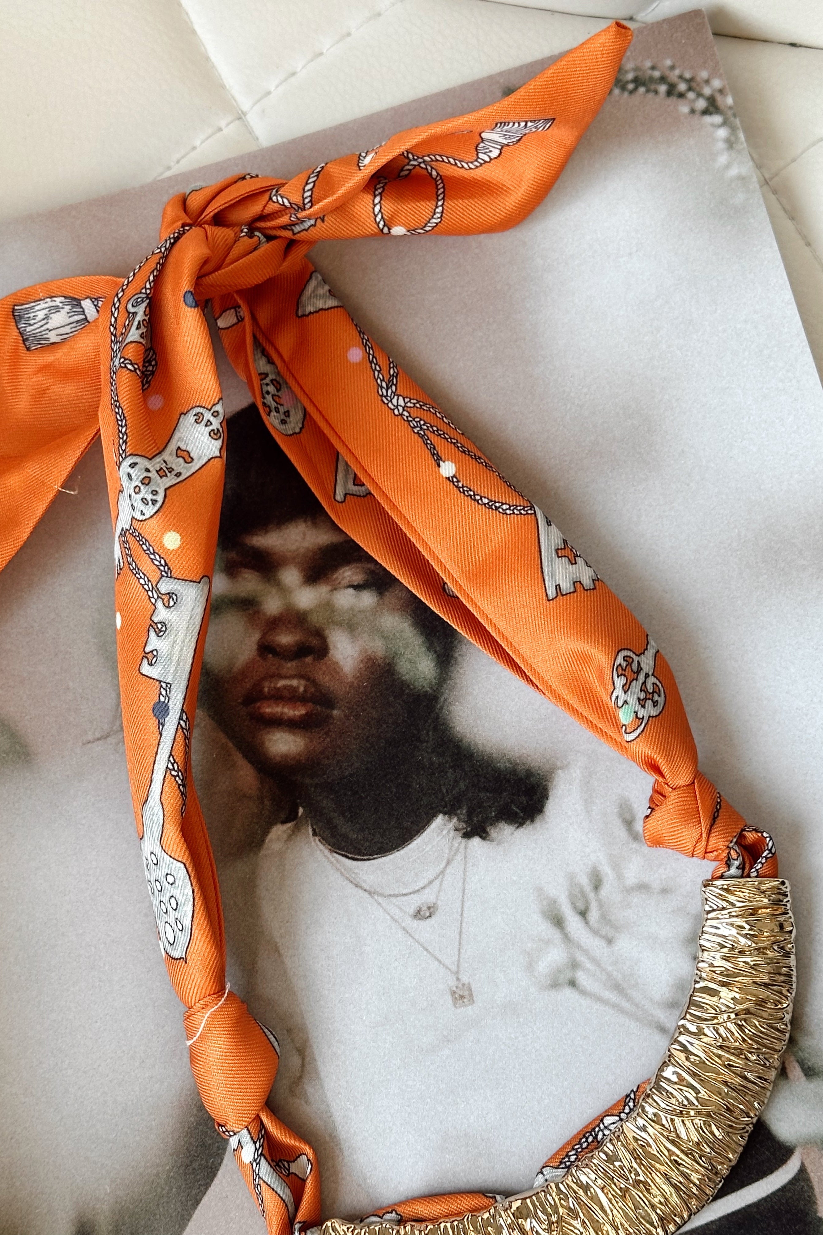 Patricia Orange Multi & Gold Bar Scarf Necklace- close up details view
