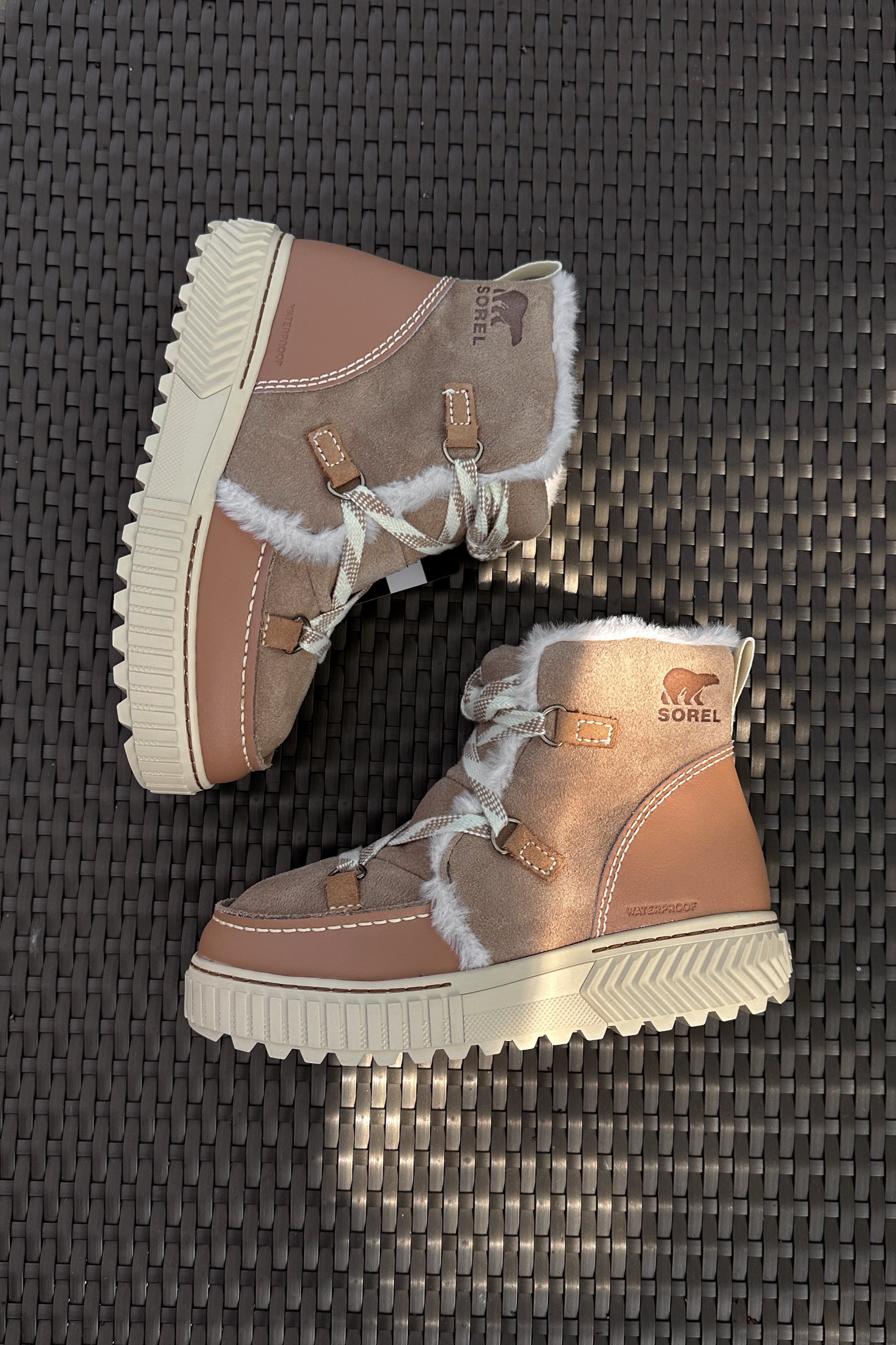Sorel Ona Ave Alpine Dusty Tan, Tawny Buff Waterproof Boot- flat lay view