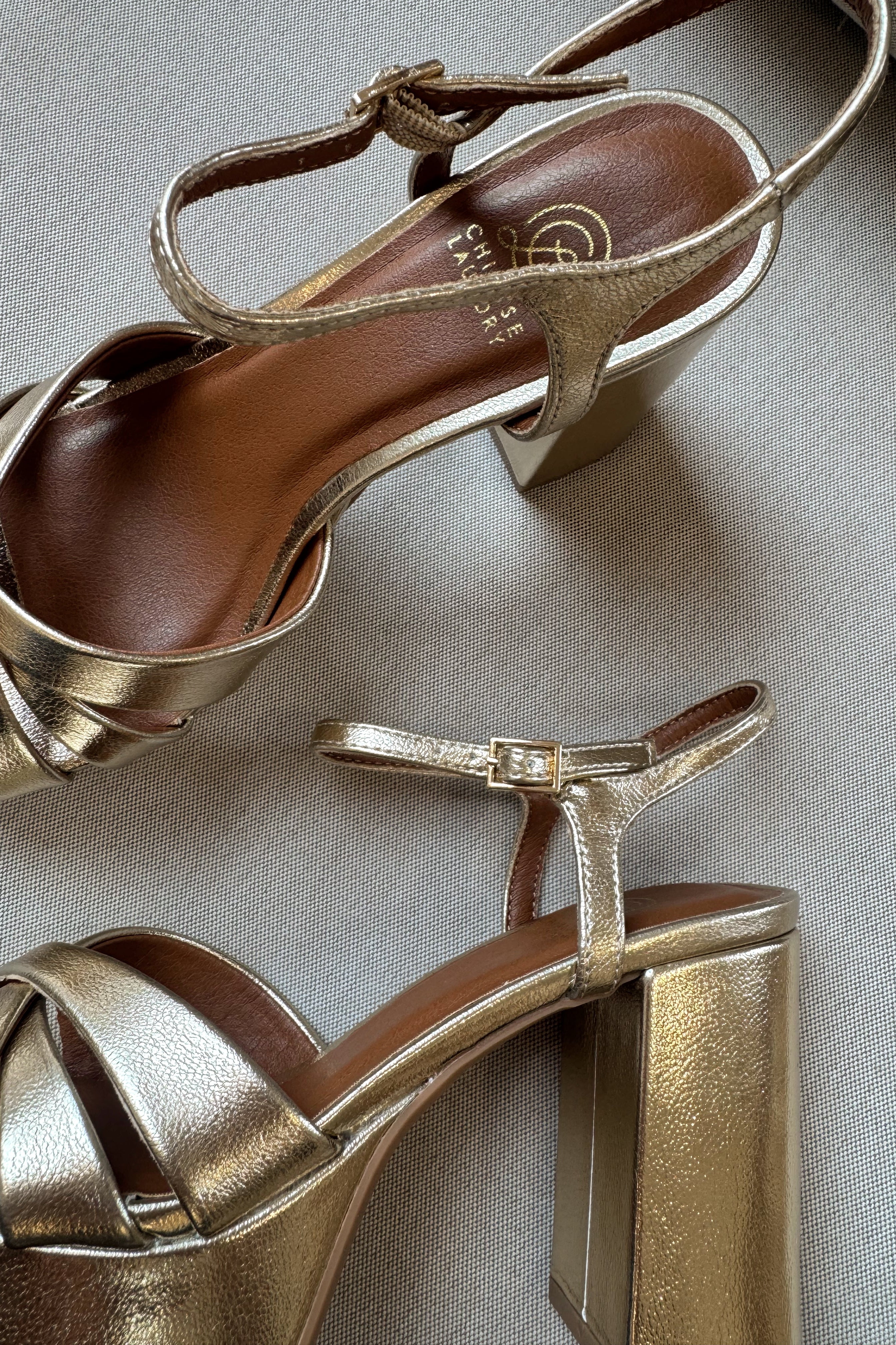 Chinese Laundry Tessa Gold Platform Heel- flat lay top view