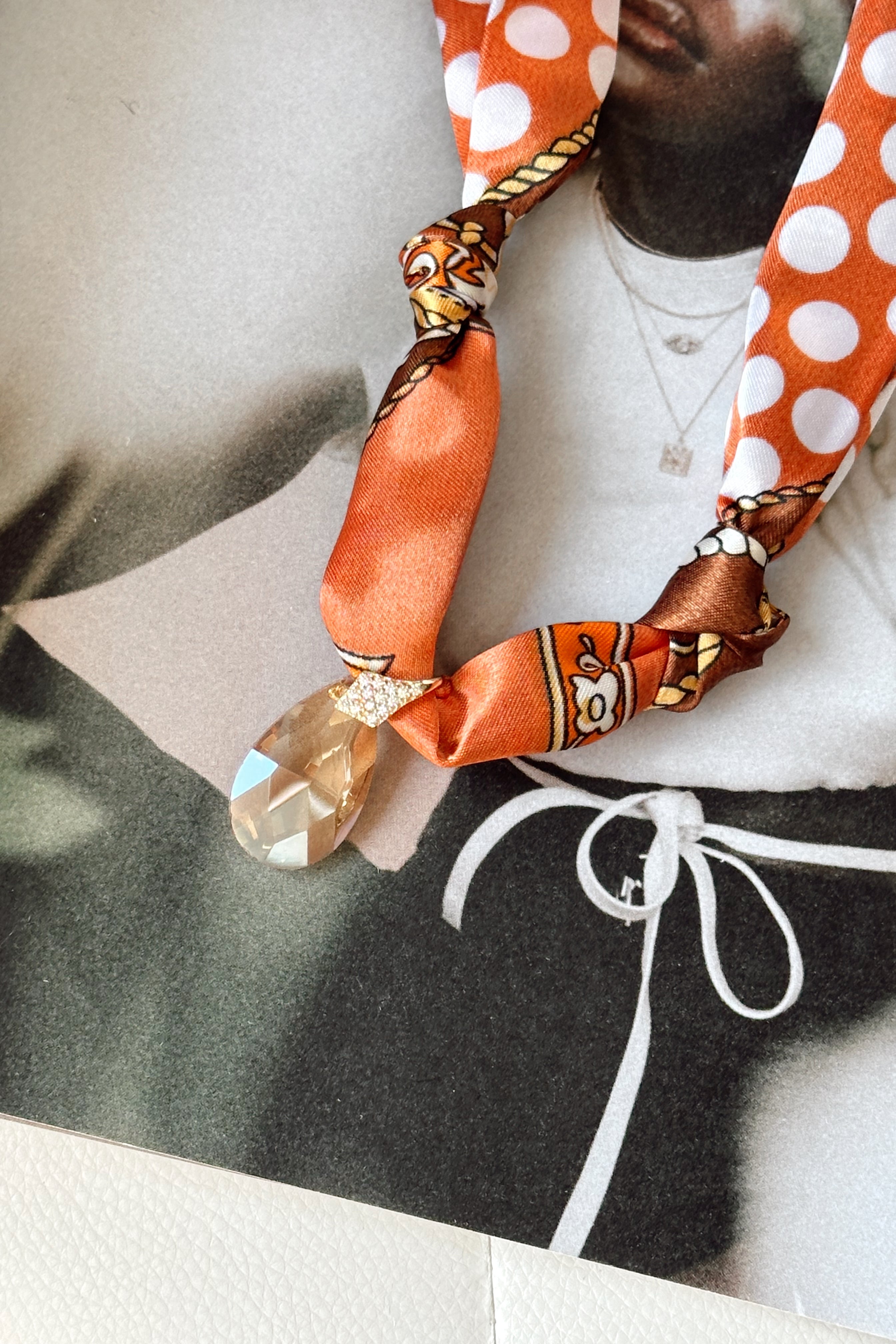 Mia Orange & Brown Multi Stone Scarf Necklace- close up front view