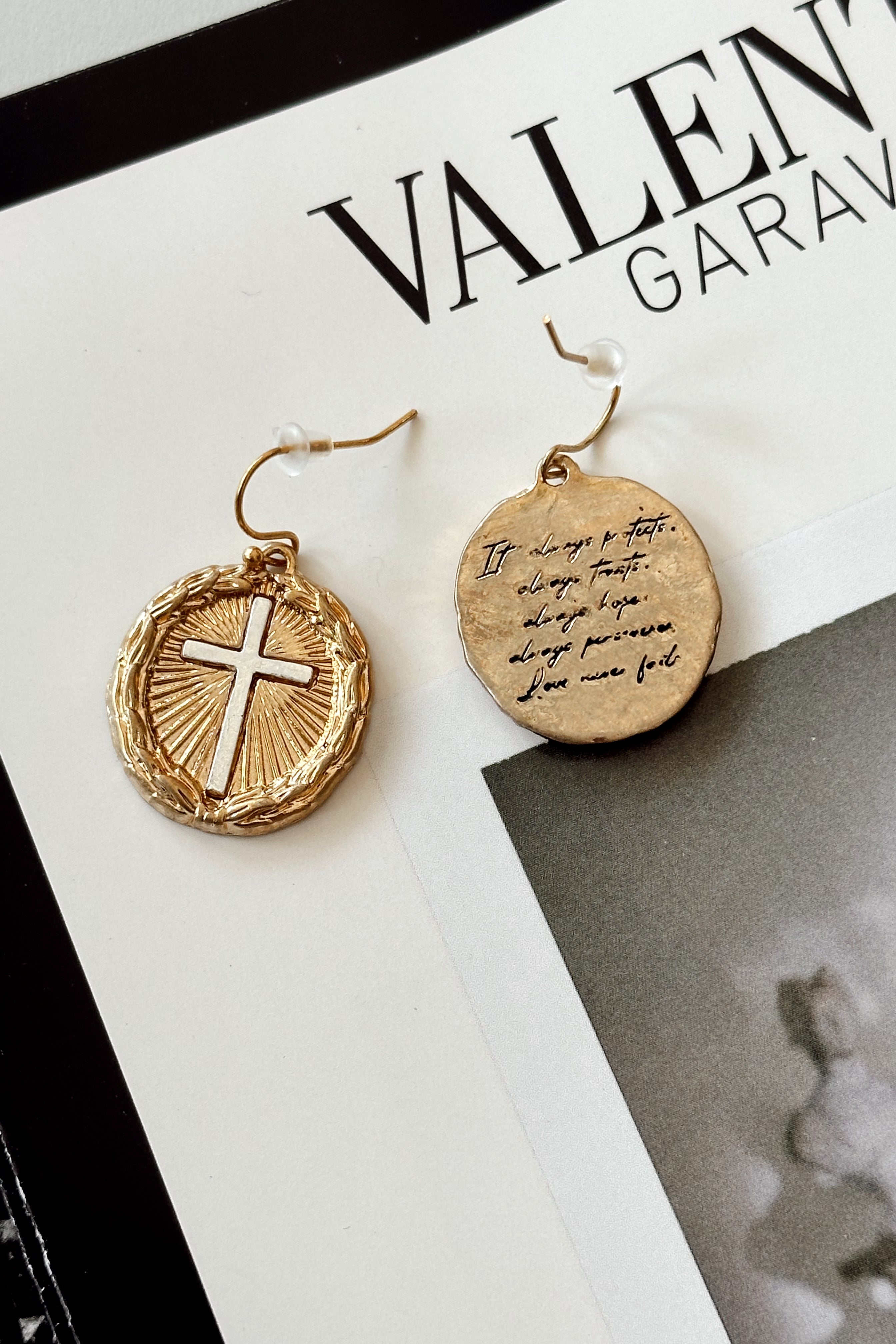 Shiloh Gold & Silver Cross Medallion Earrings - front and back flat lay