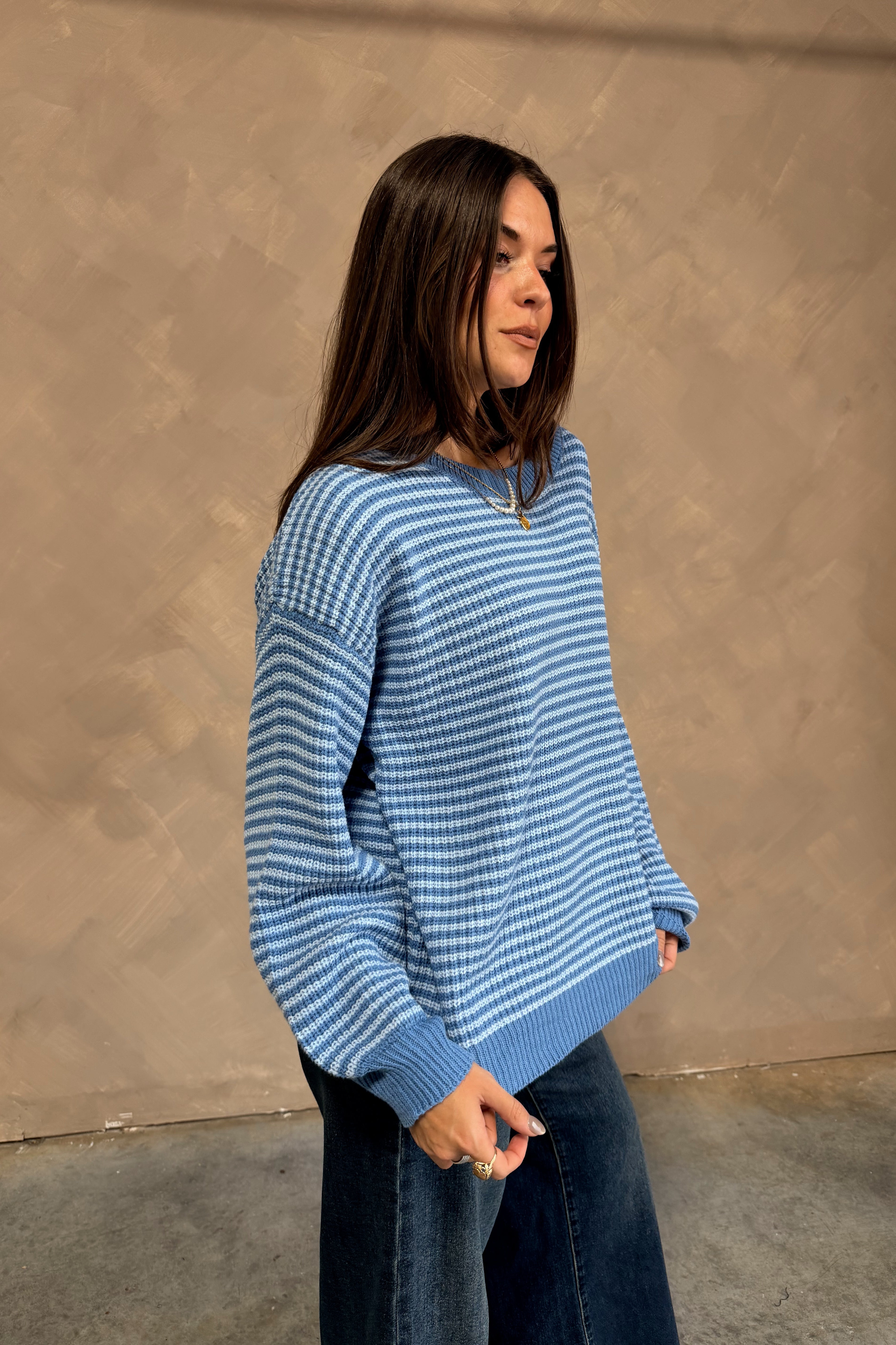 Benson Blue Striped Sweater - frontal side view