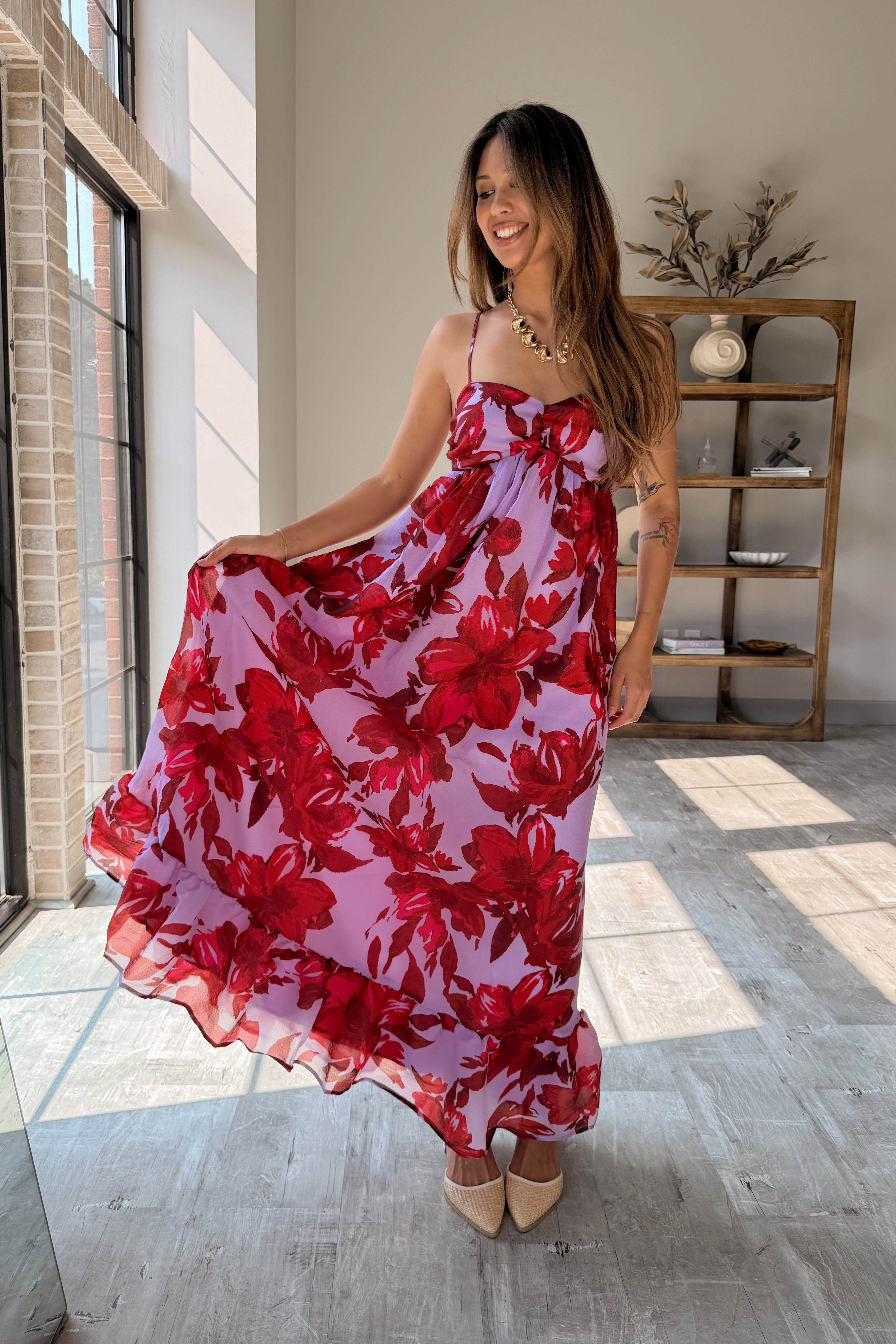 Red Tezza Celine Lavender & Red Floral Midi Dress - Lizard Thicket