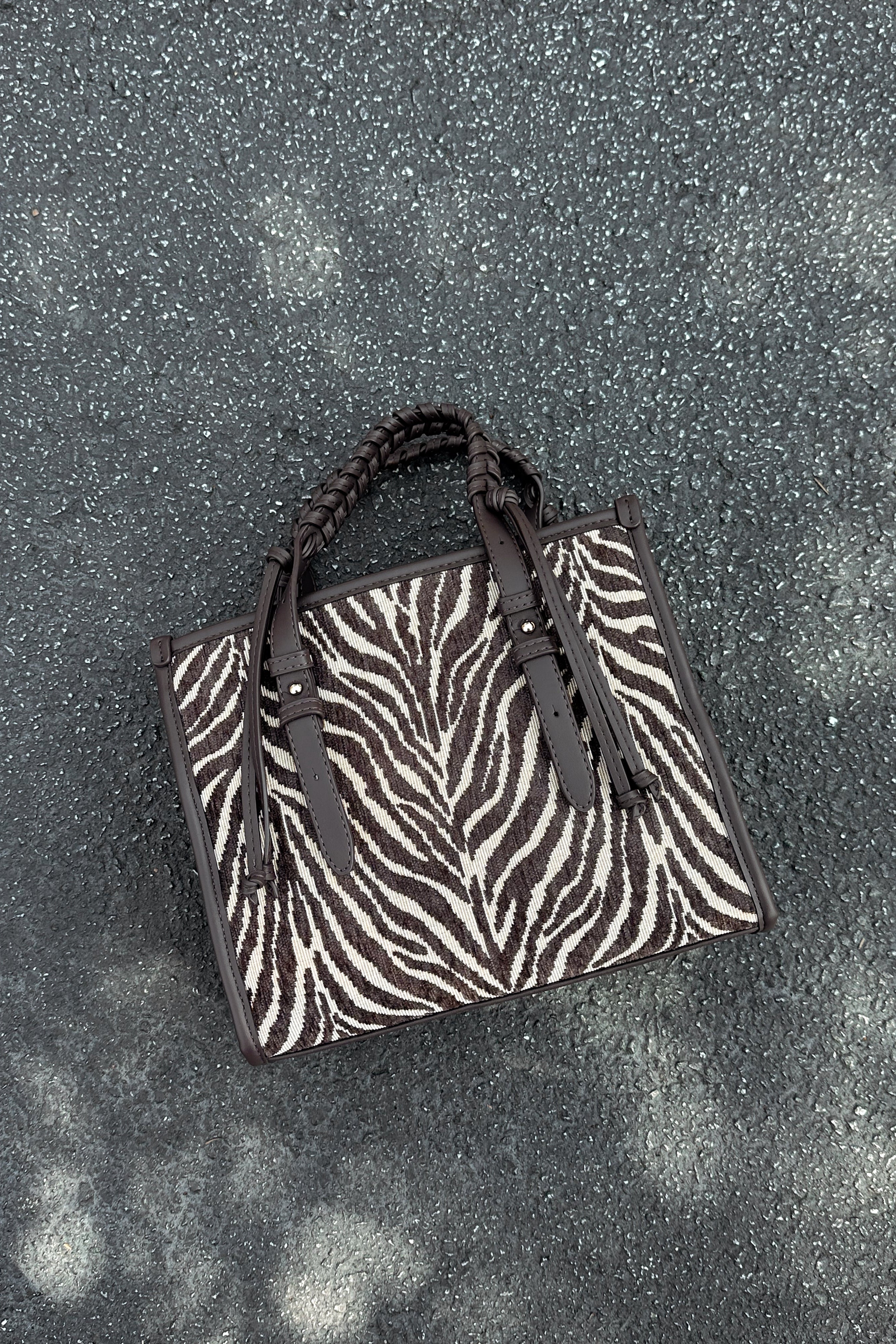 Dinsdale Chocolate Brown & Cream Zebra Purse- flat lay view