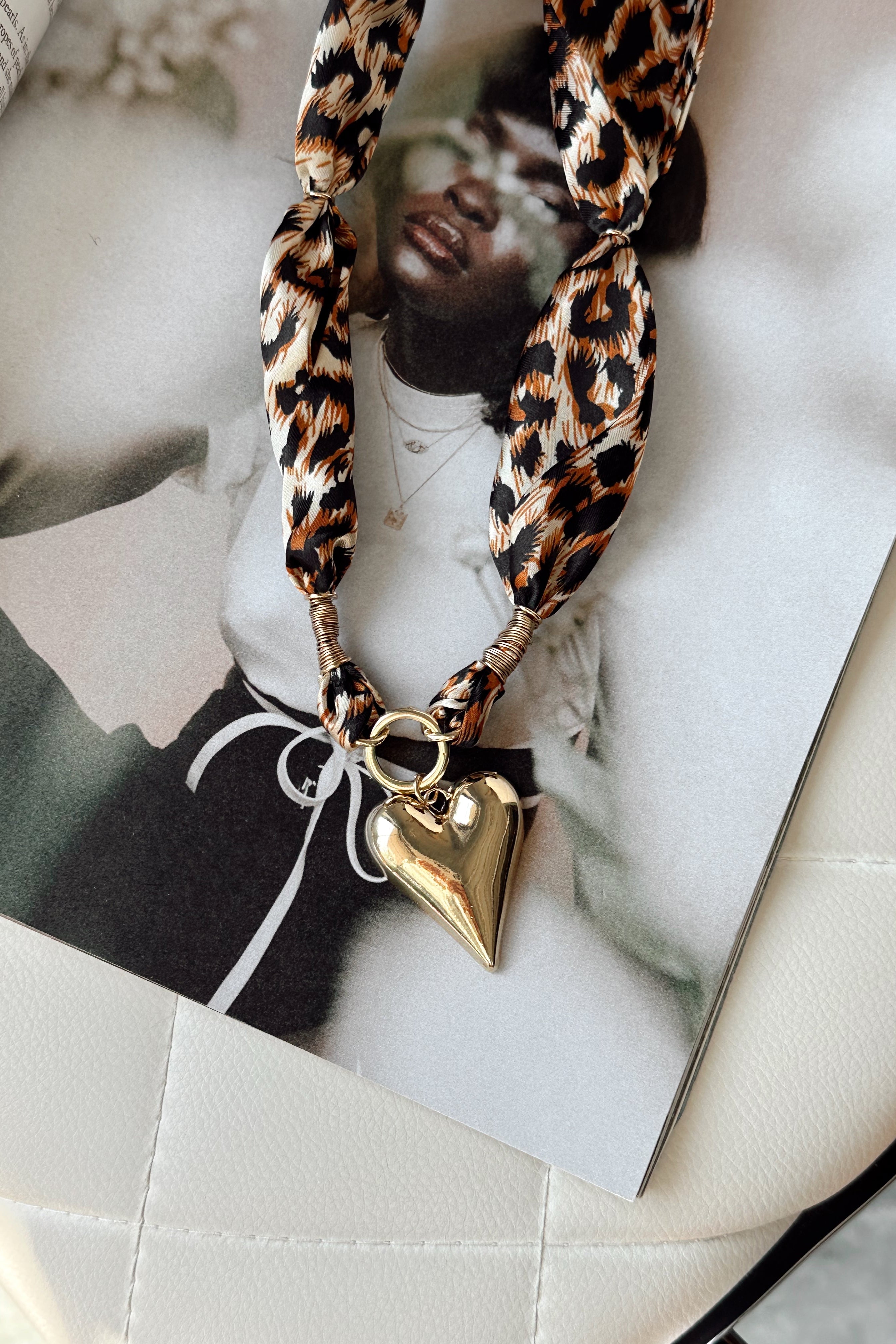 Alicia Cheetah & Gold Heart Scarf Necklace- close up detail view