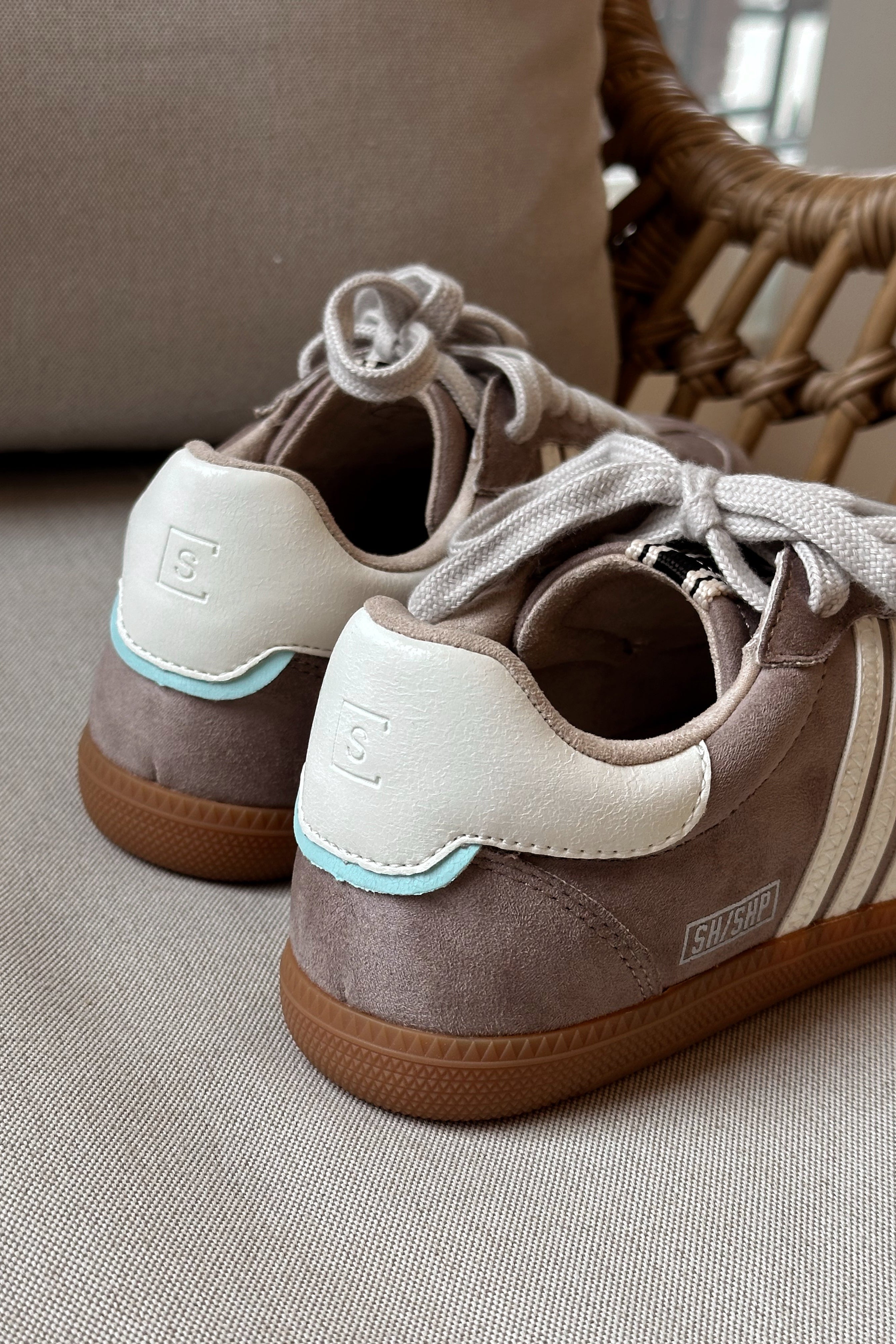 Shu Shop Stevie Taupe Suede Sneaker- close up back view