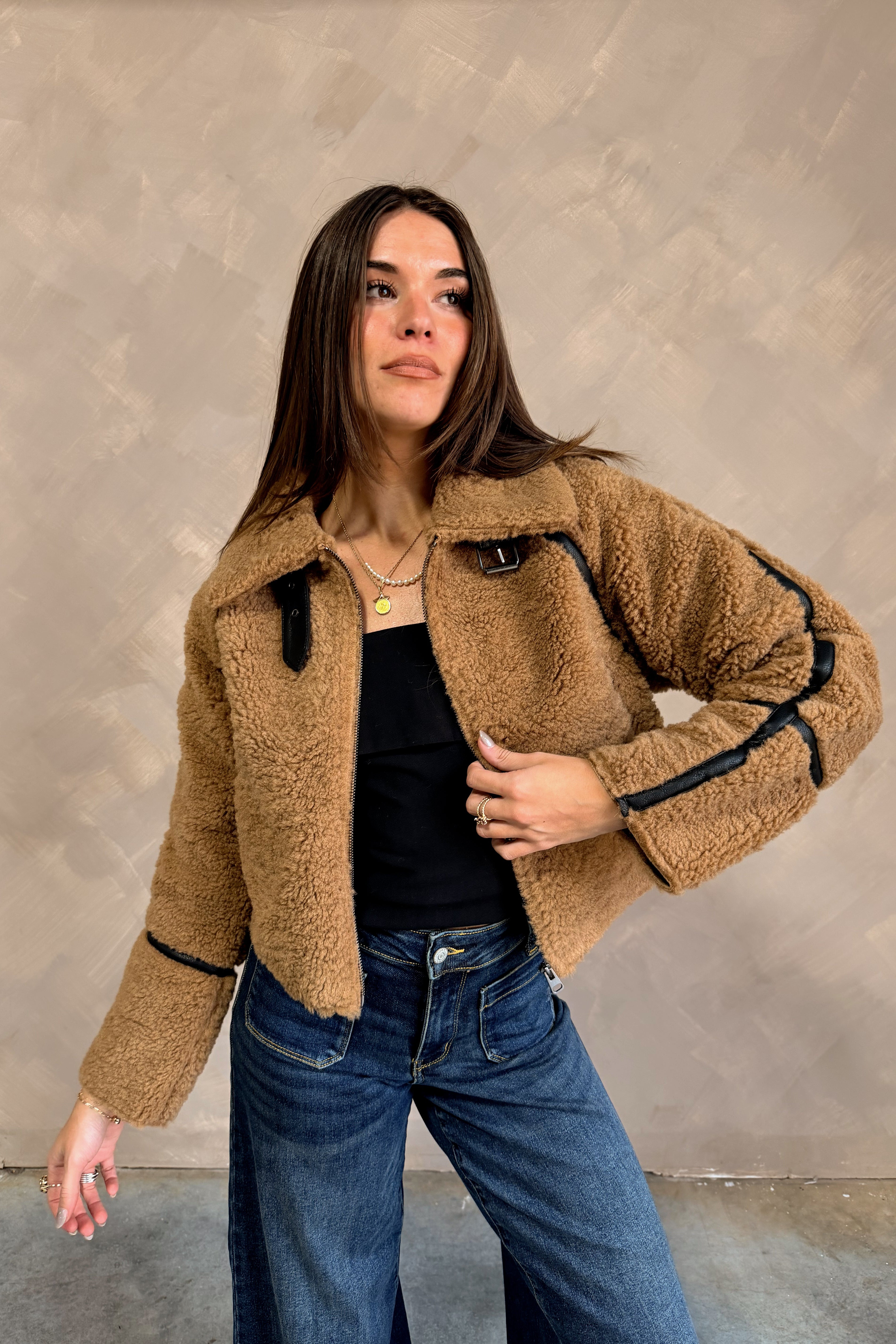 Briston Camel Sherpa Zip-Up Jacket - front view