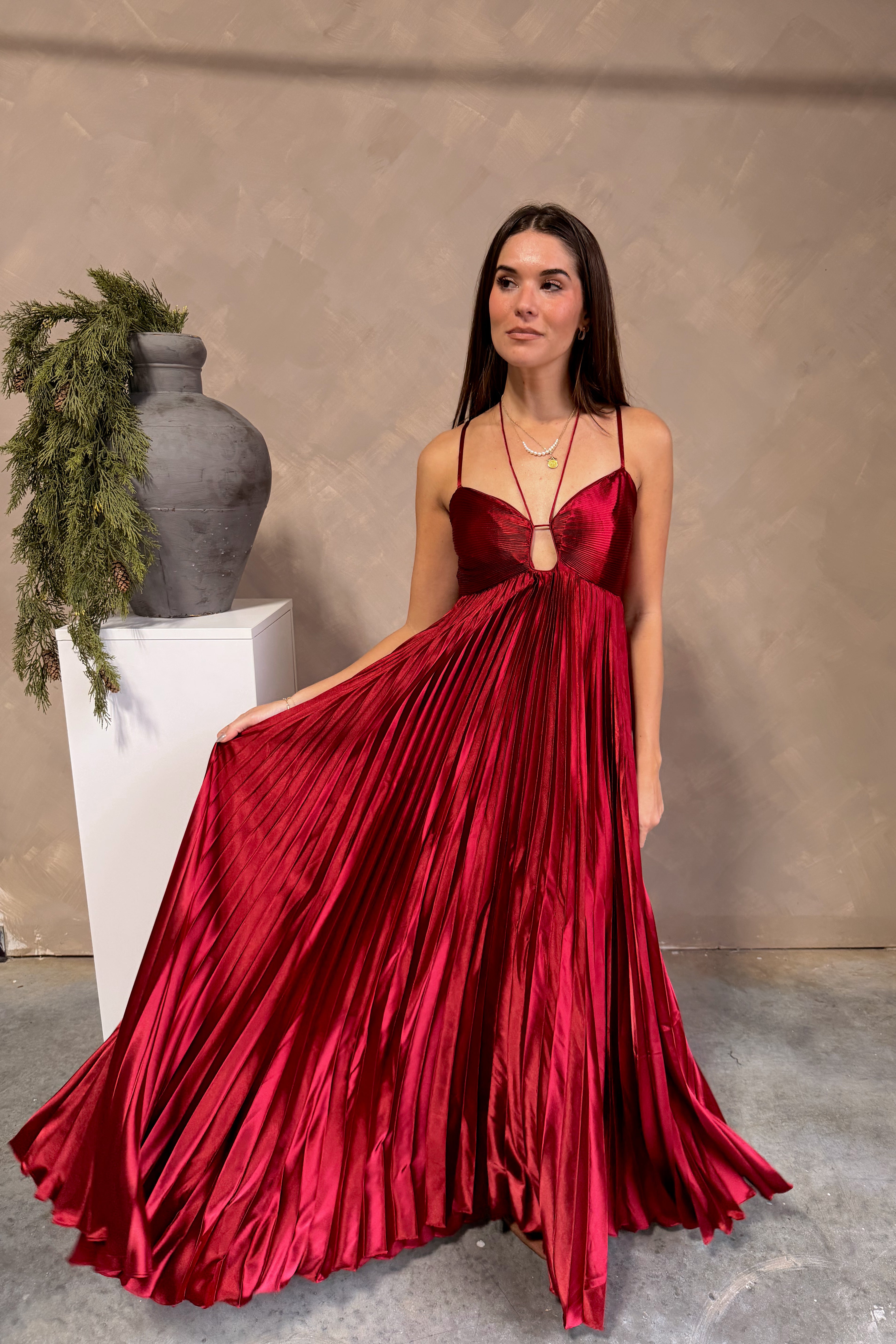 Burgundy Pleated Satin Maxi Dress