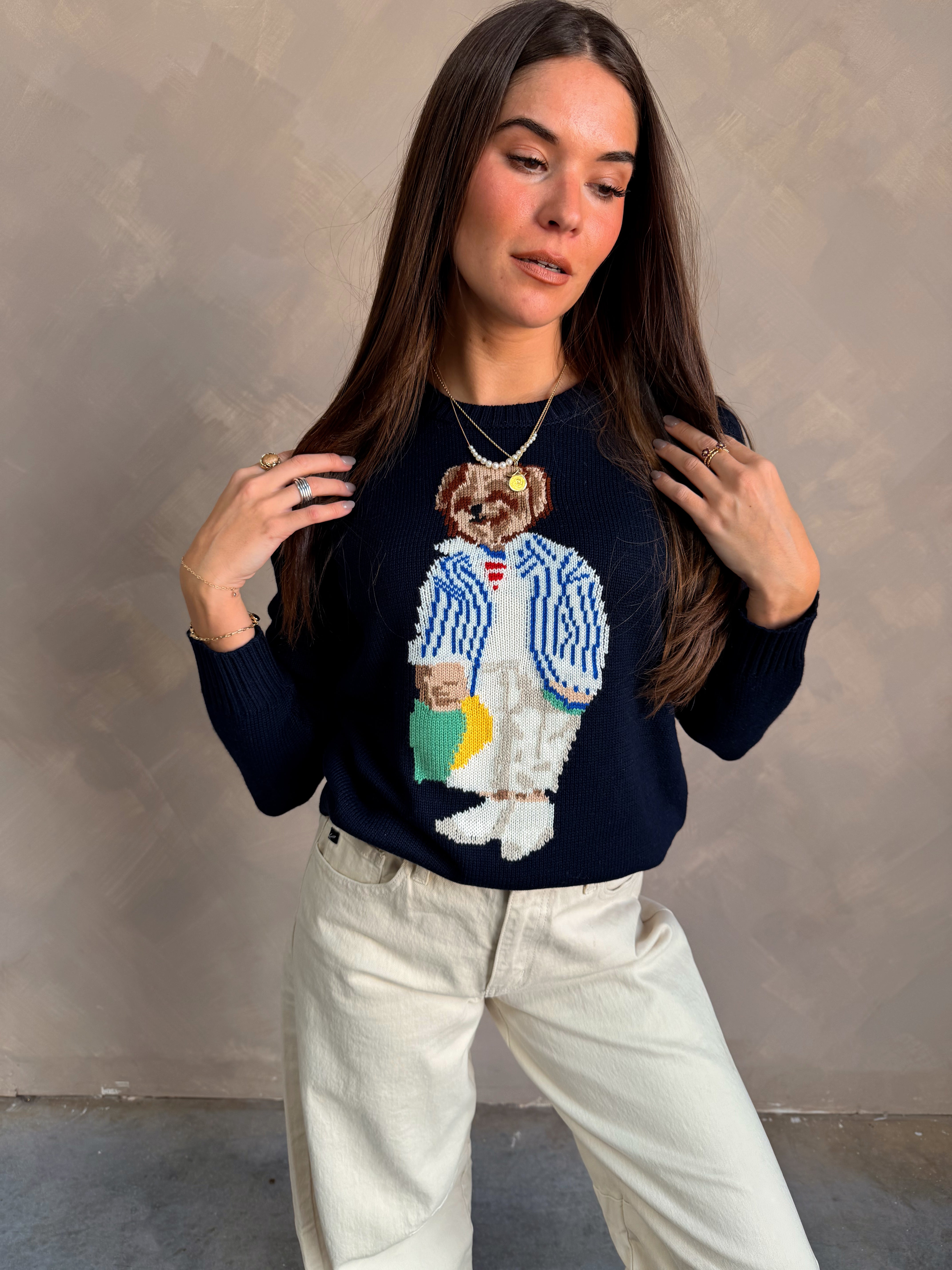 Julia Navy Teddy Bear Sweater- close up top view