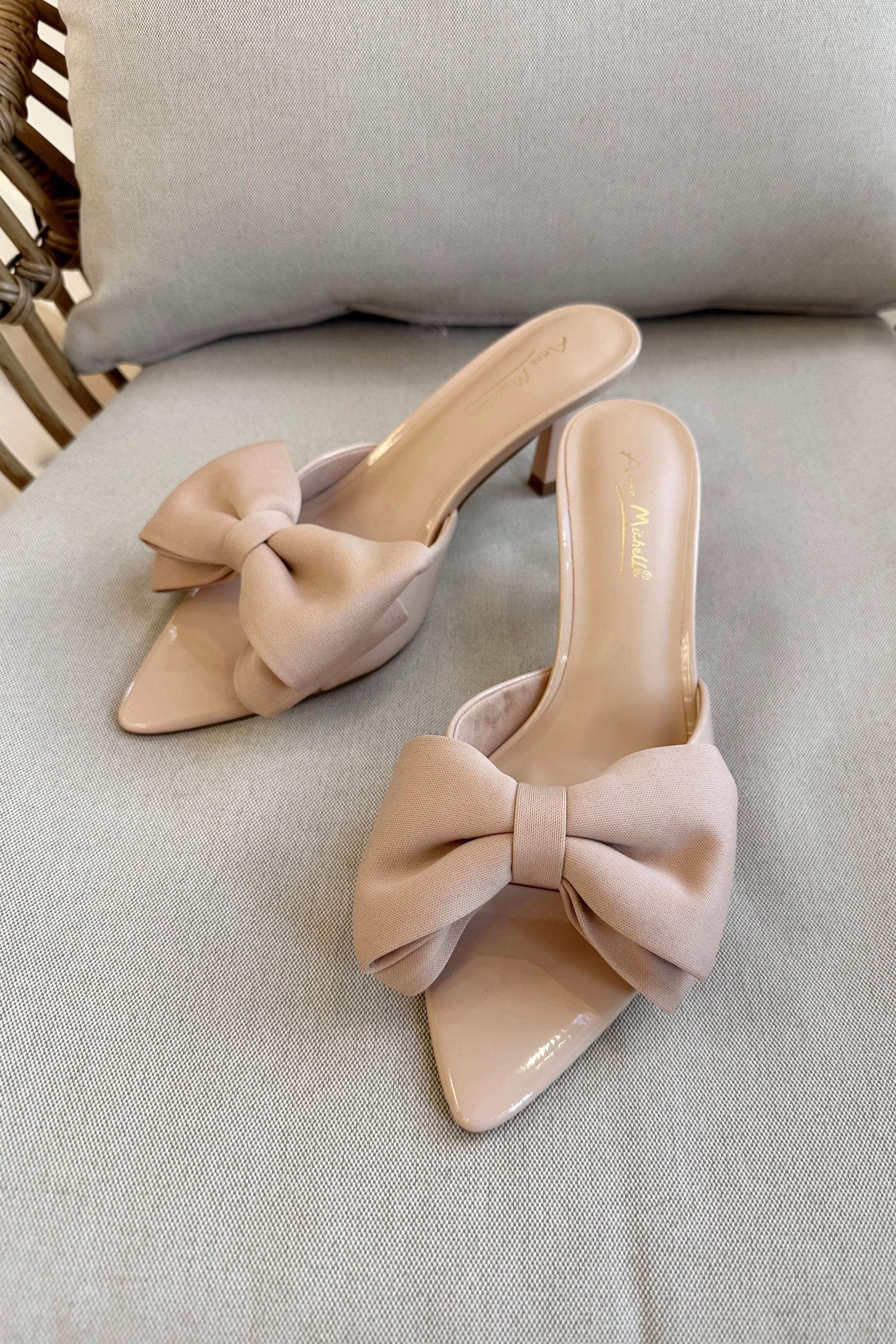 Bermuda Nude Patent Bow Kitten Heel- front angle view