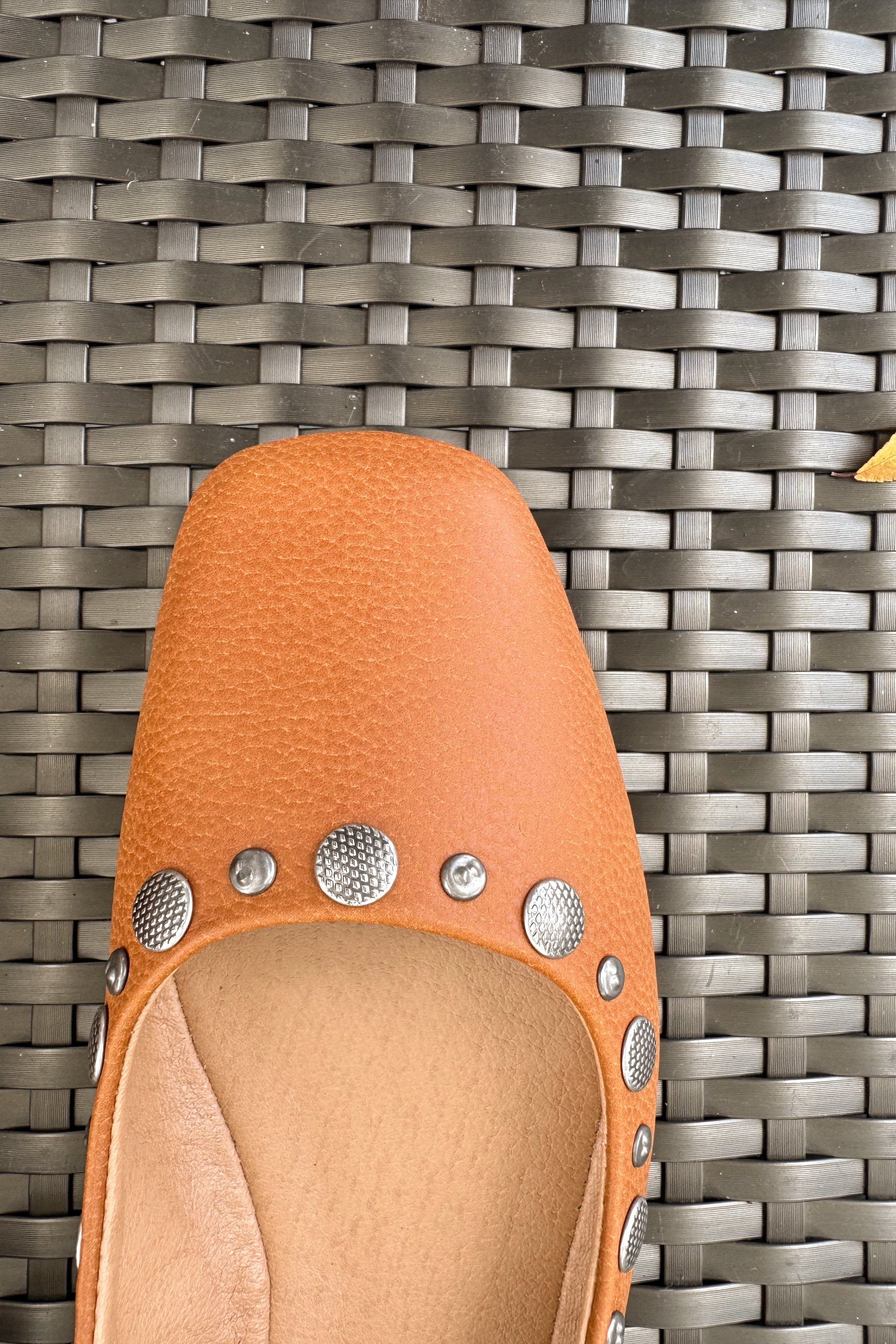 Mystic Camel Studded Ankle Strap Flat- close up toe view