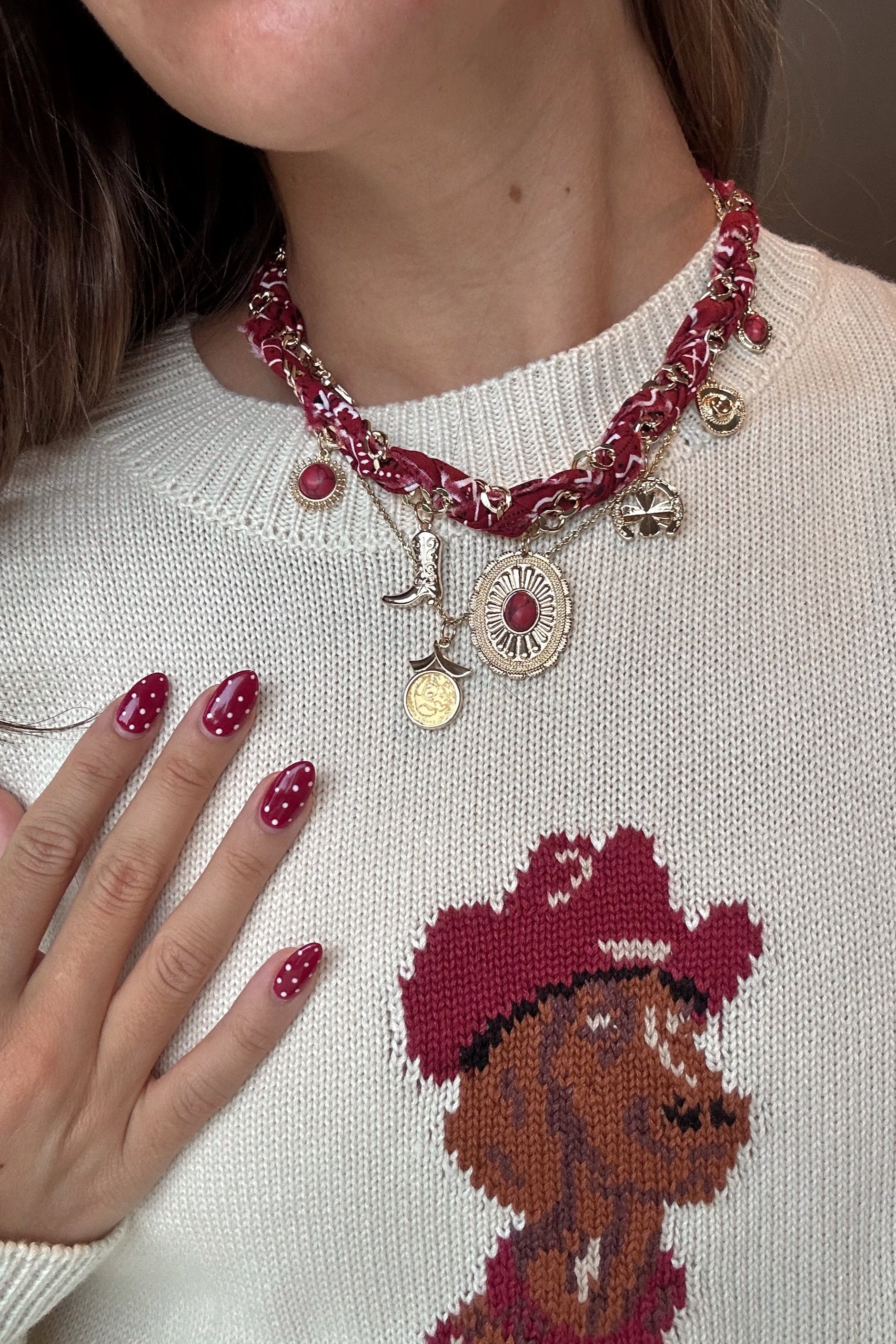 Marlowe Burgundy Scarf & Charms Necklace- front view
