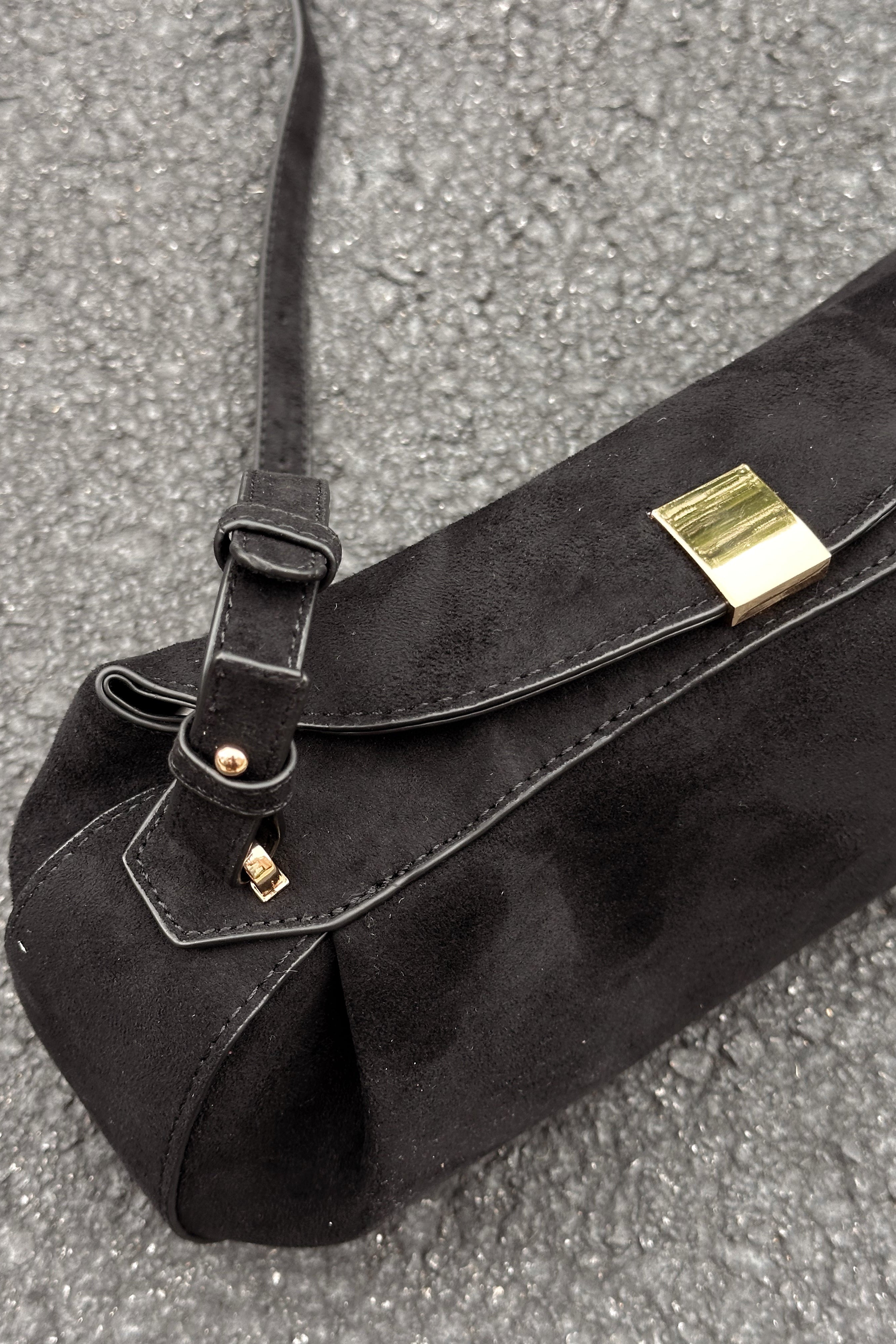 Lizzie Black Suede Shoulder Tote Purse- close up top view