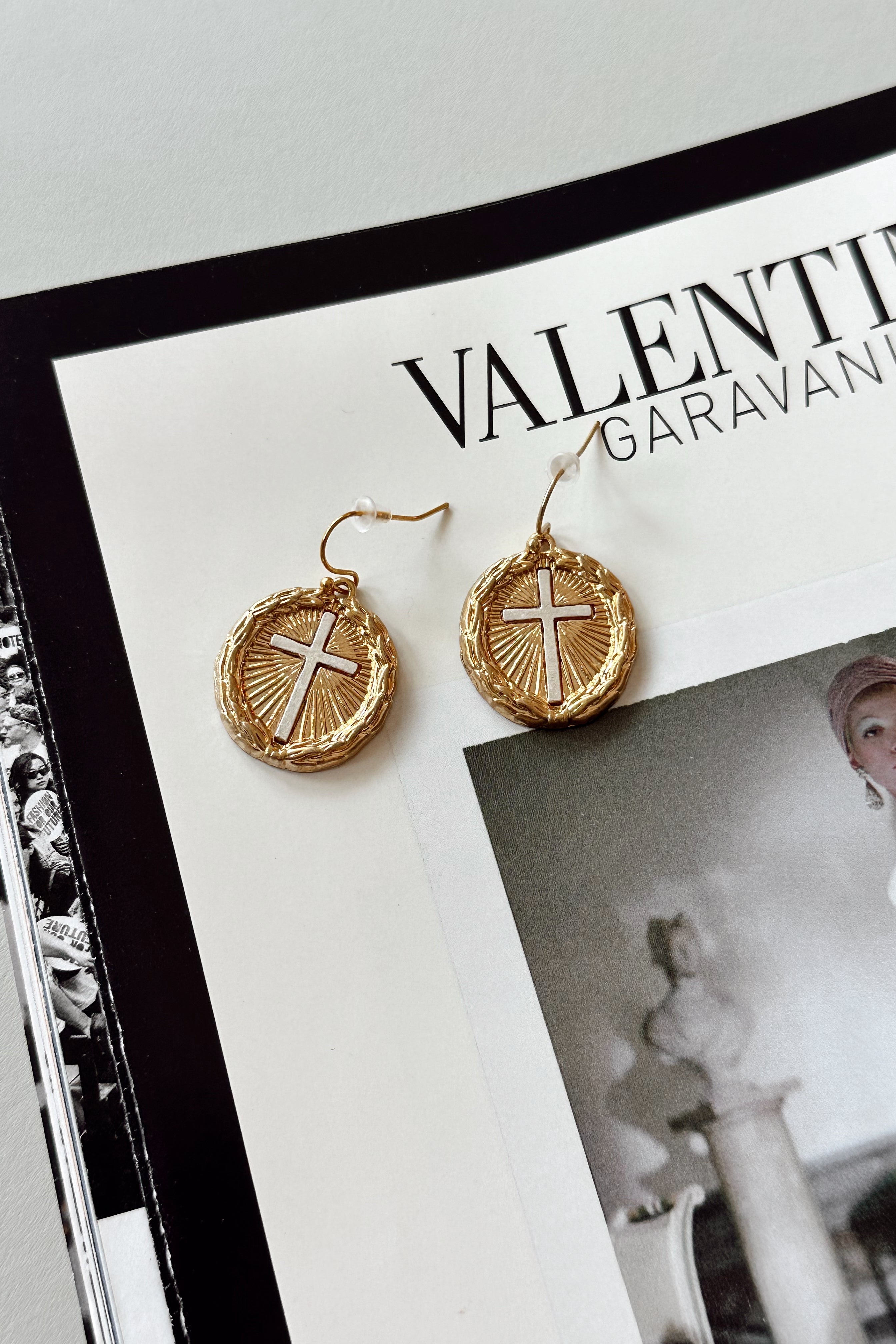 Shiloh Gold & Silver Cross Medallion Earrings - front flat lay