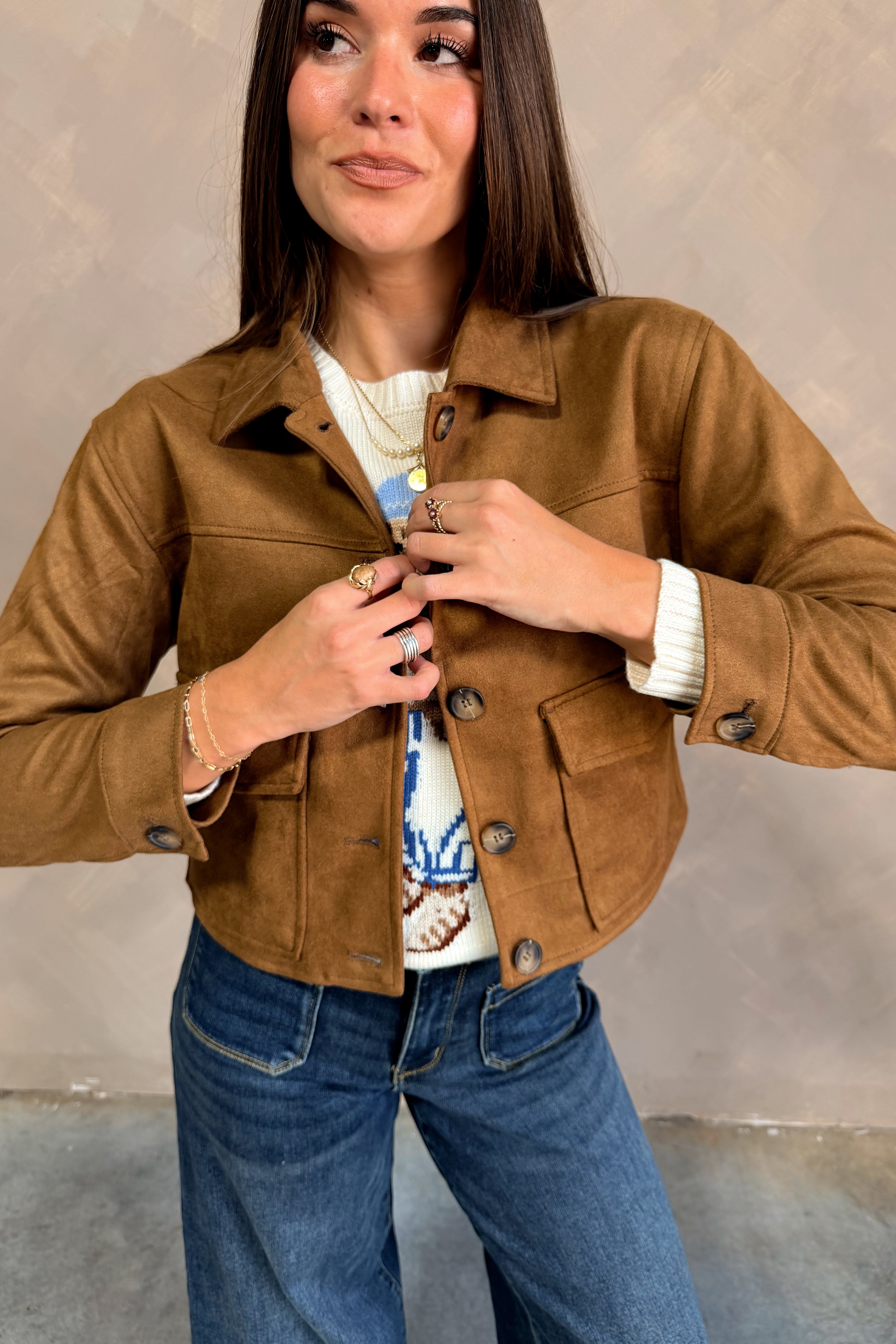 Monroe Camel Suede Cropped Jacket - close front view