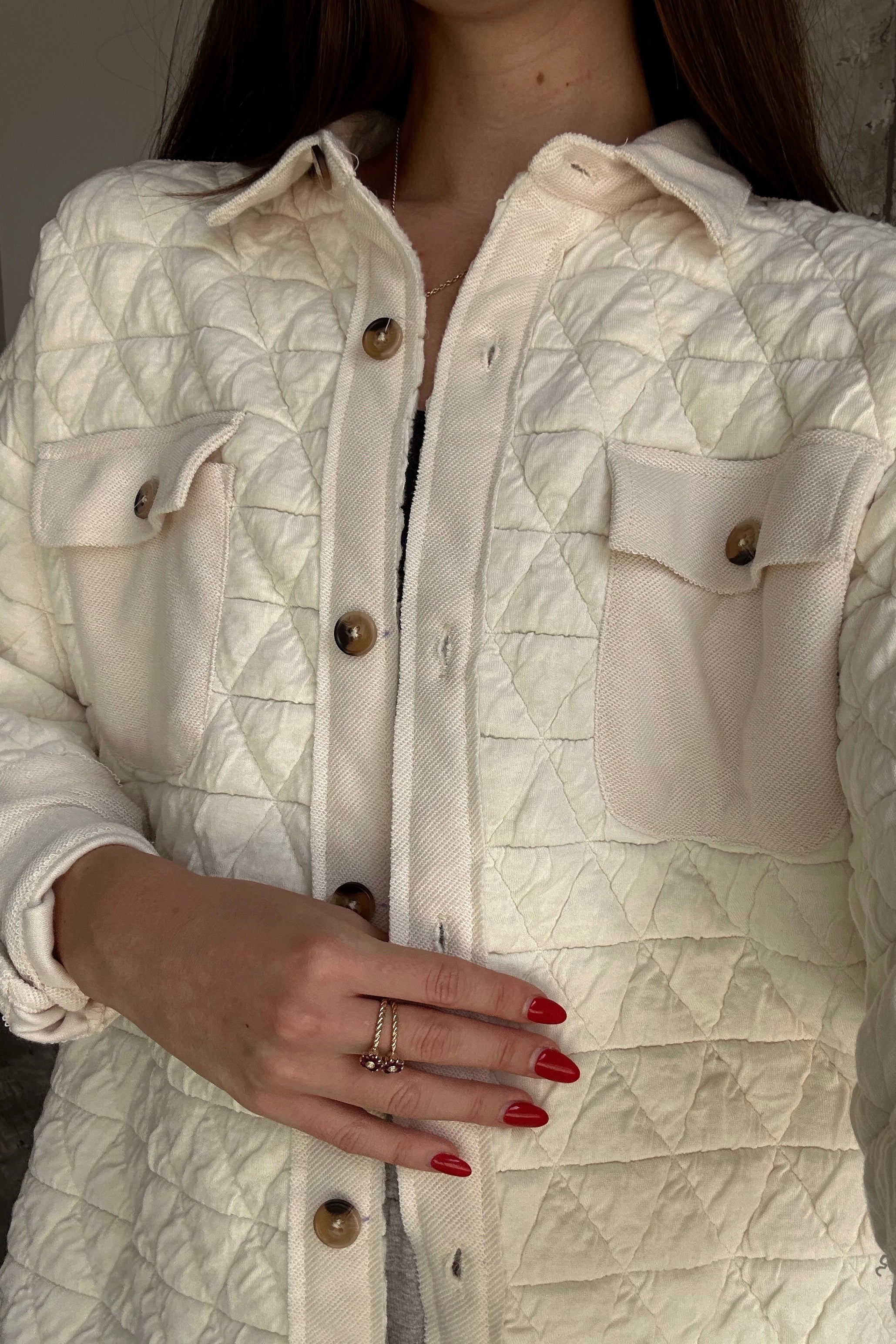 Mila Cream Quilted Button-Up Shacket- close up front view