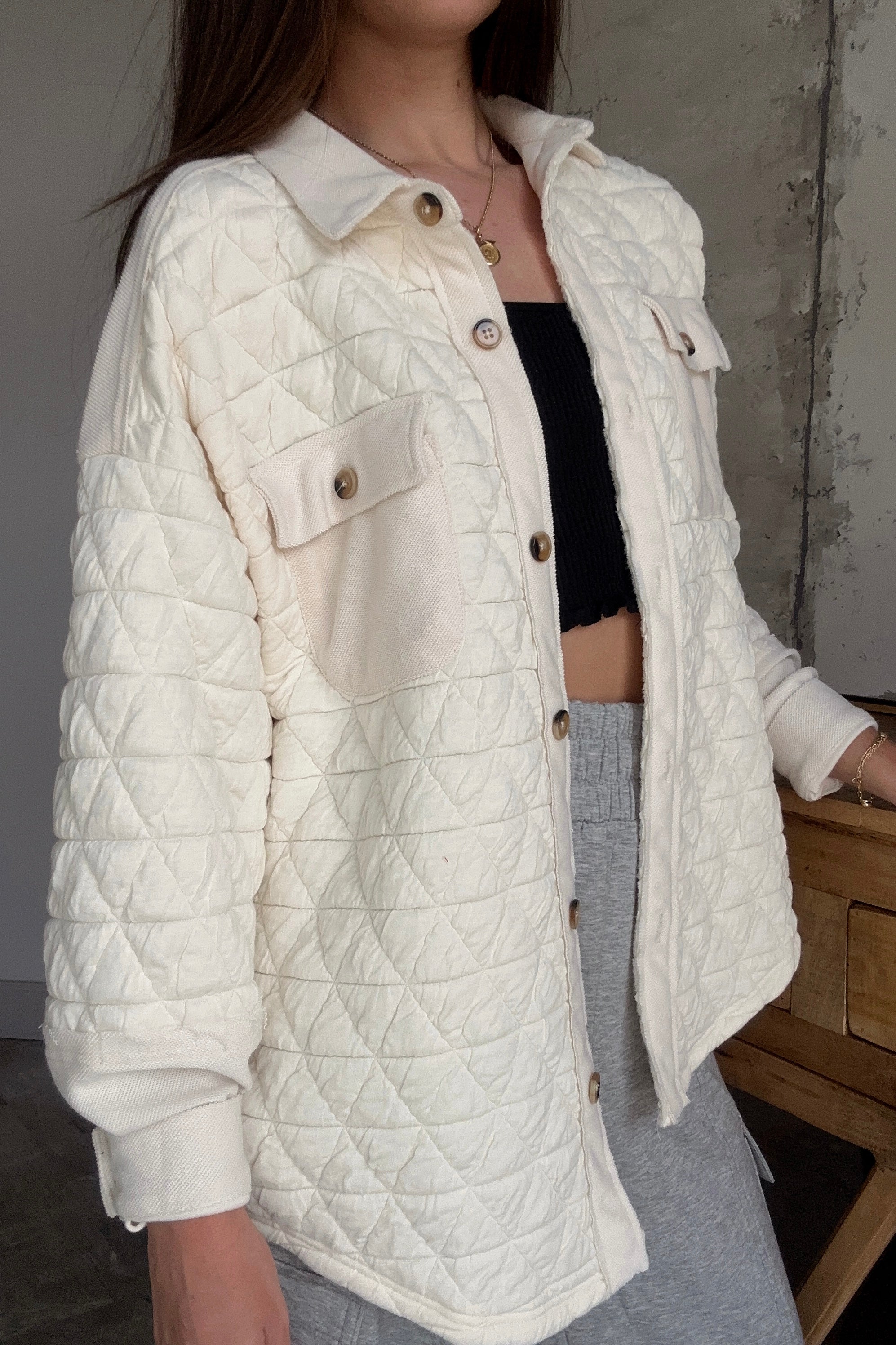 Mila Cream Quilted Button-Up Shacket- frontal side view