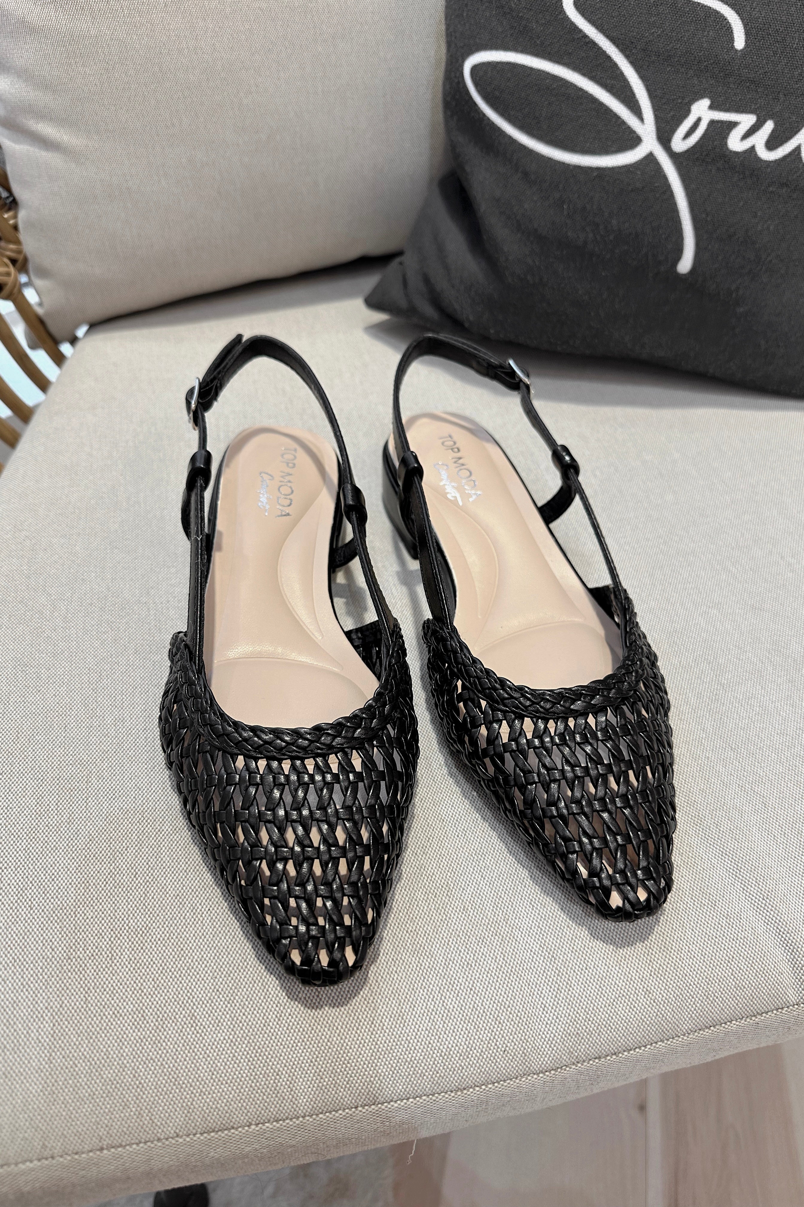 Laura Black Woven Pointed Toe Slingback Mule- front view