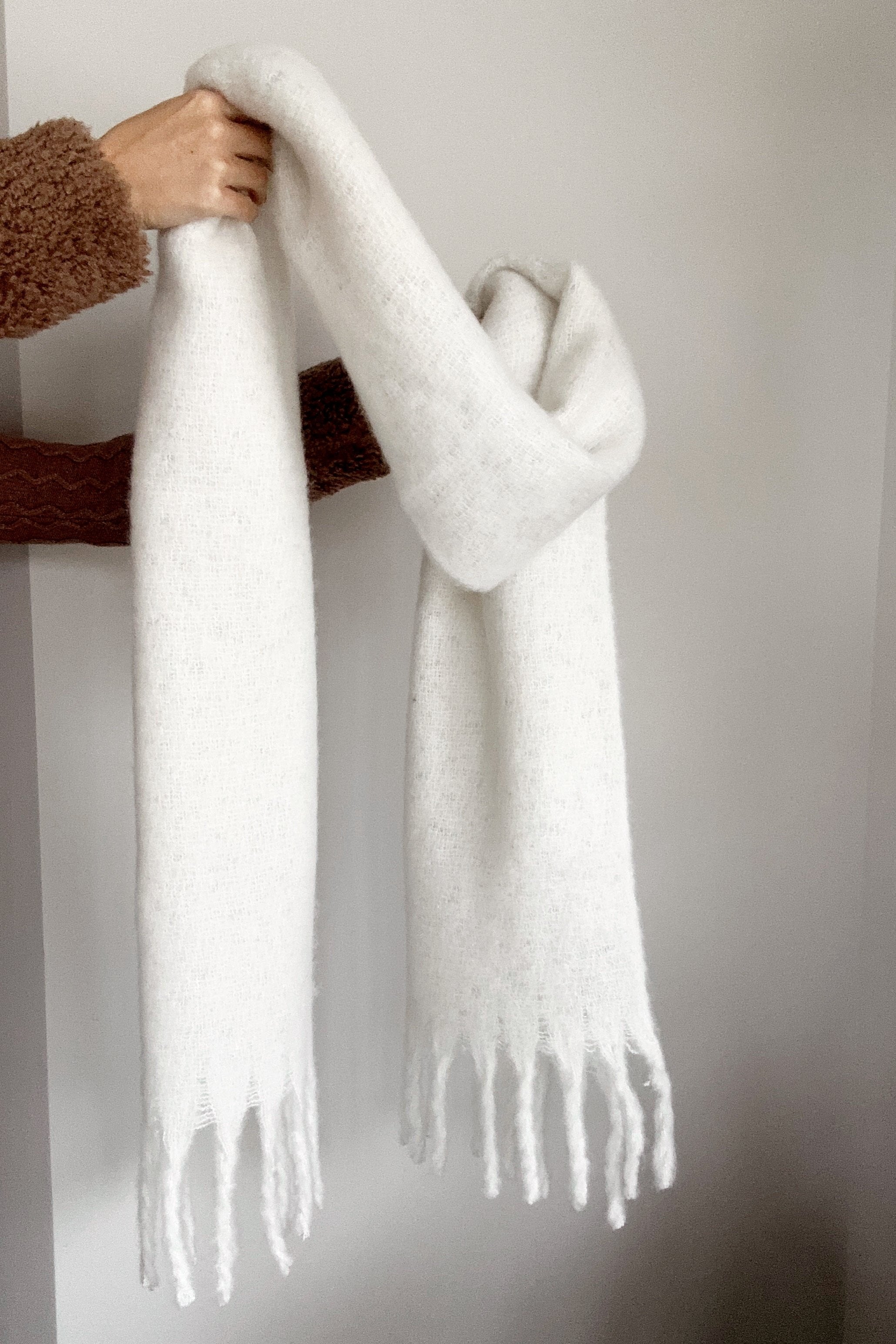 Charlotte White Knit Fringe Scarf- front view