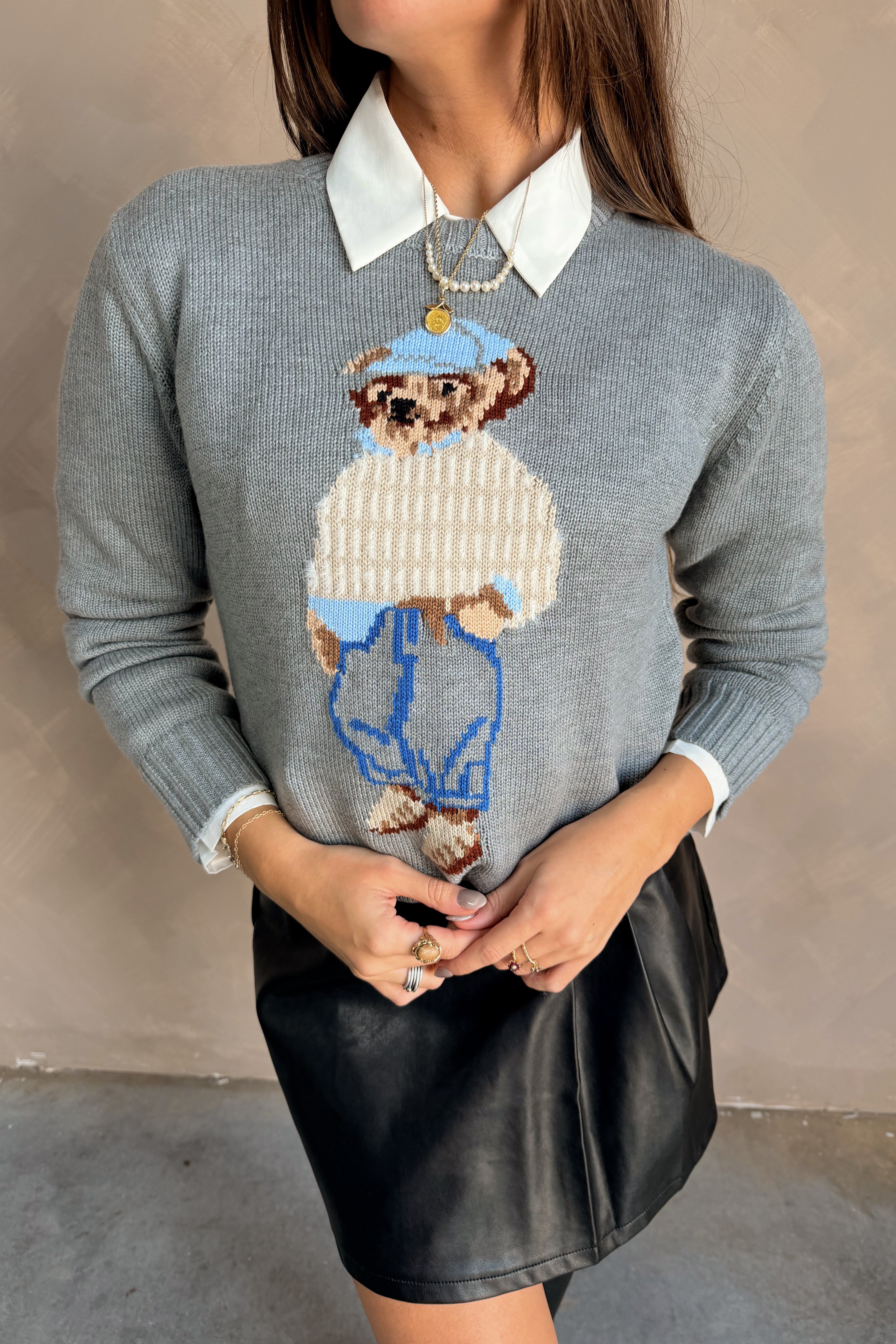 Tegan Grey Teddy Bear Sweater - close up front view