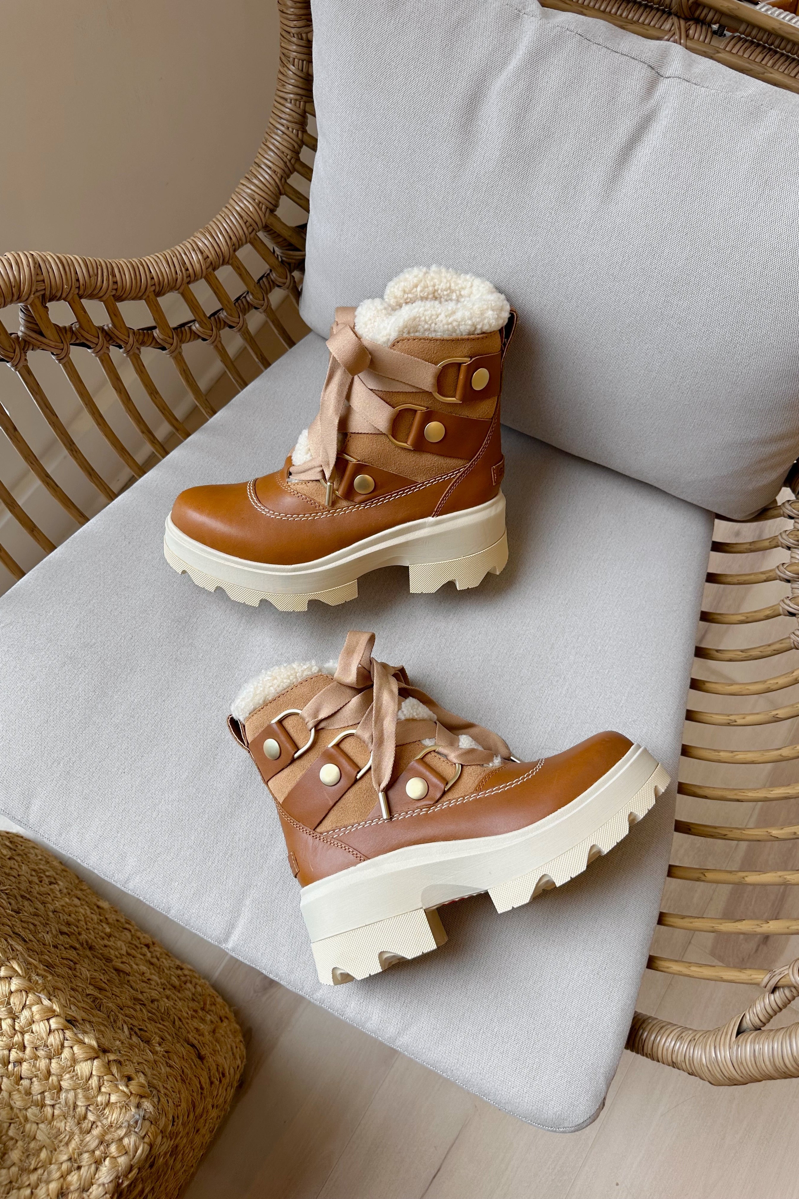 Sorel Joan Frwd Cozy Tawny Buff & Honey White Waterproof Boot - flat lay view