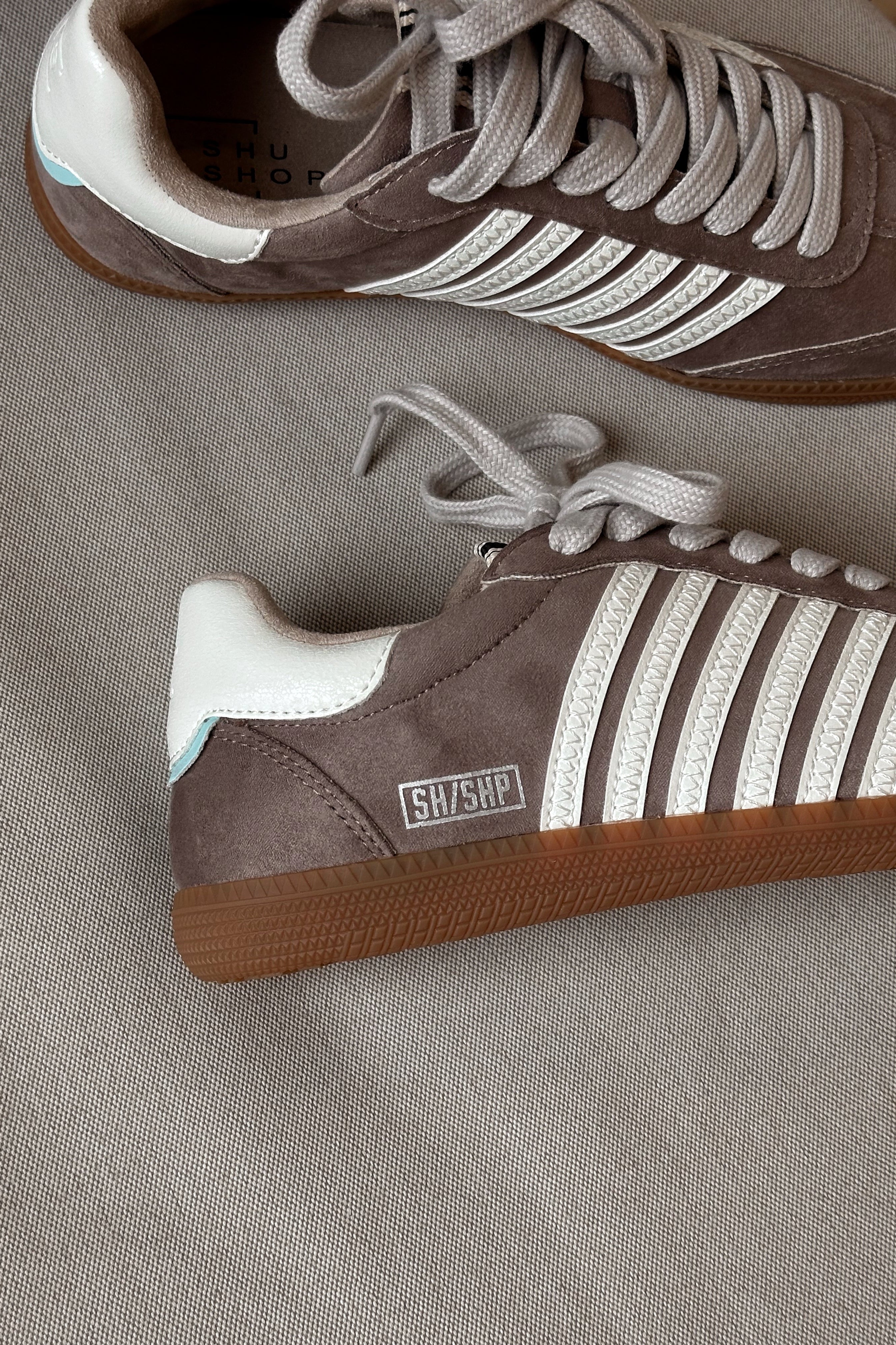 Shu Shop Stevie Taupe Suede Sneaker- close up side view