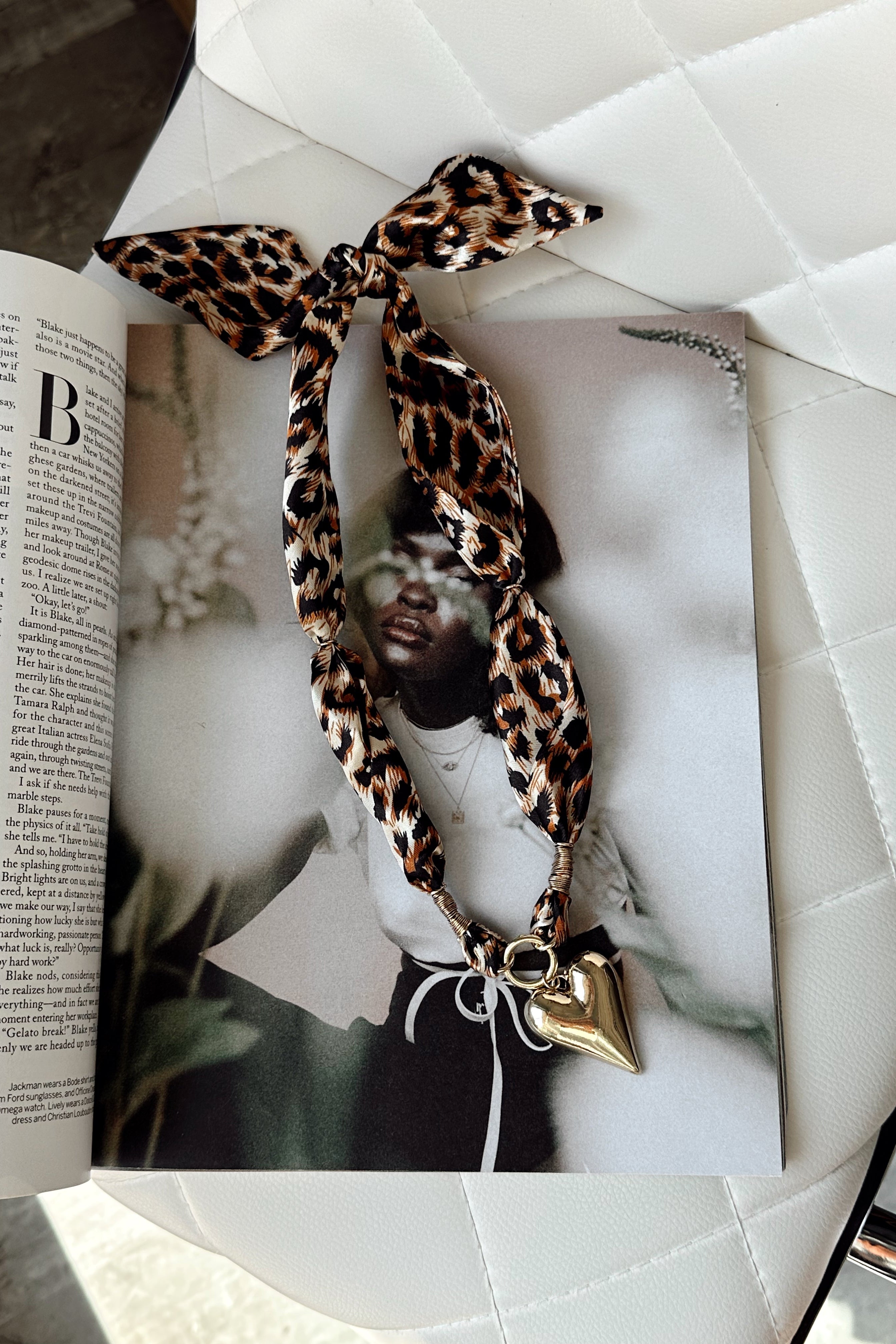 Alicia Cheetah & Gold Heart Scarf Necklace- front close up view