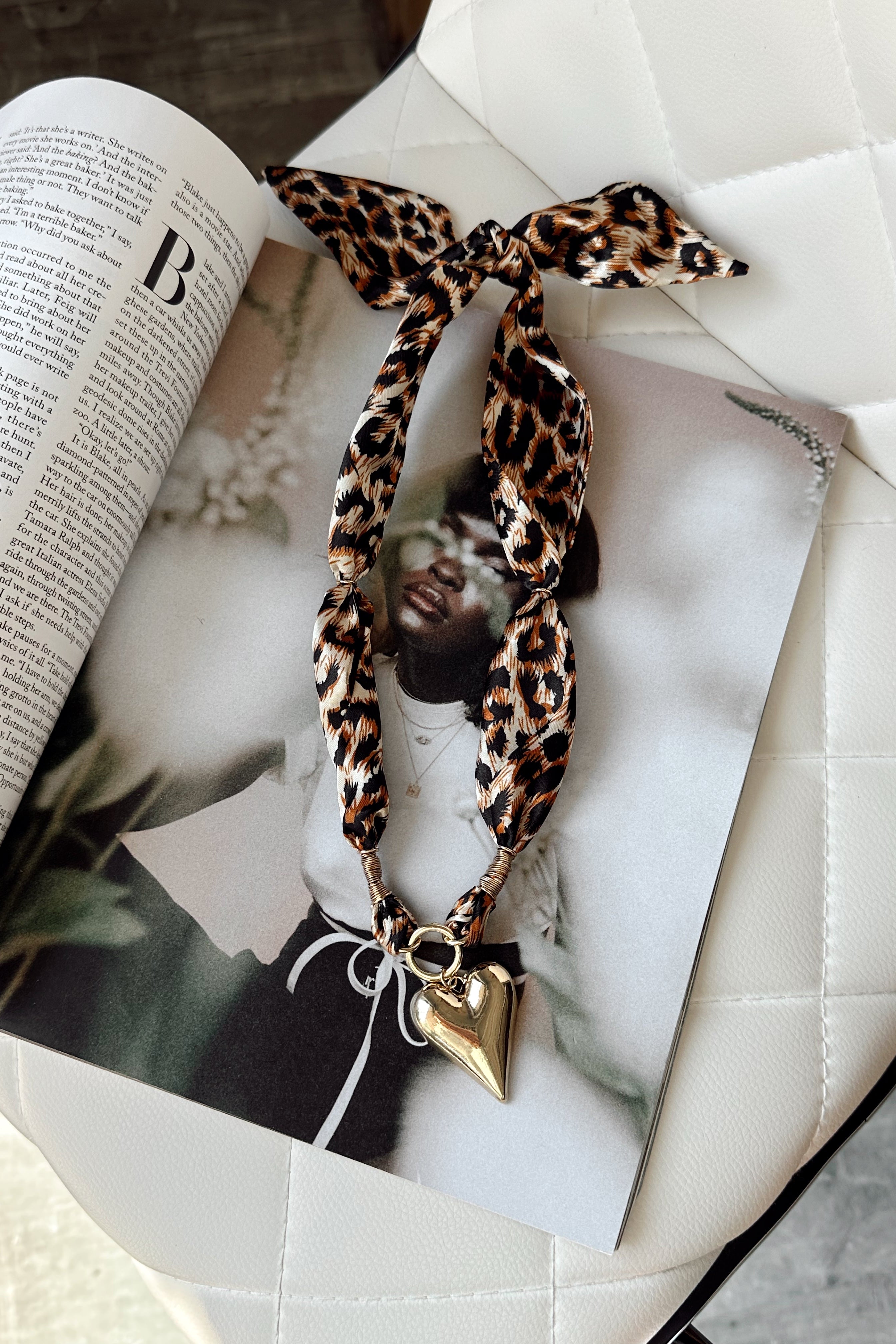 Alicia Cheetah & Gold Heart Scarf Necklace- top view