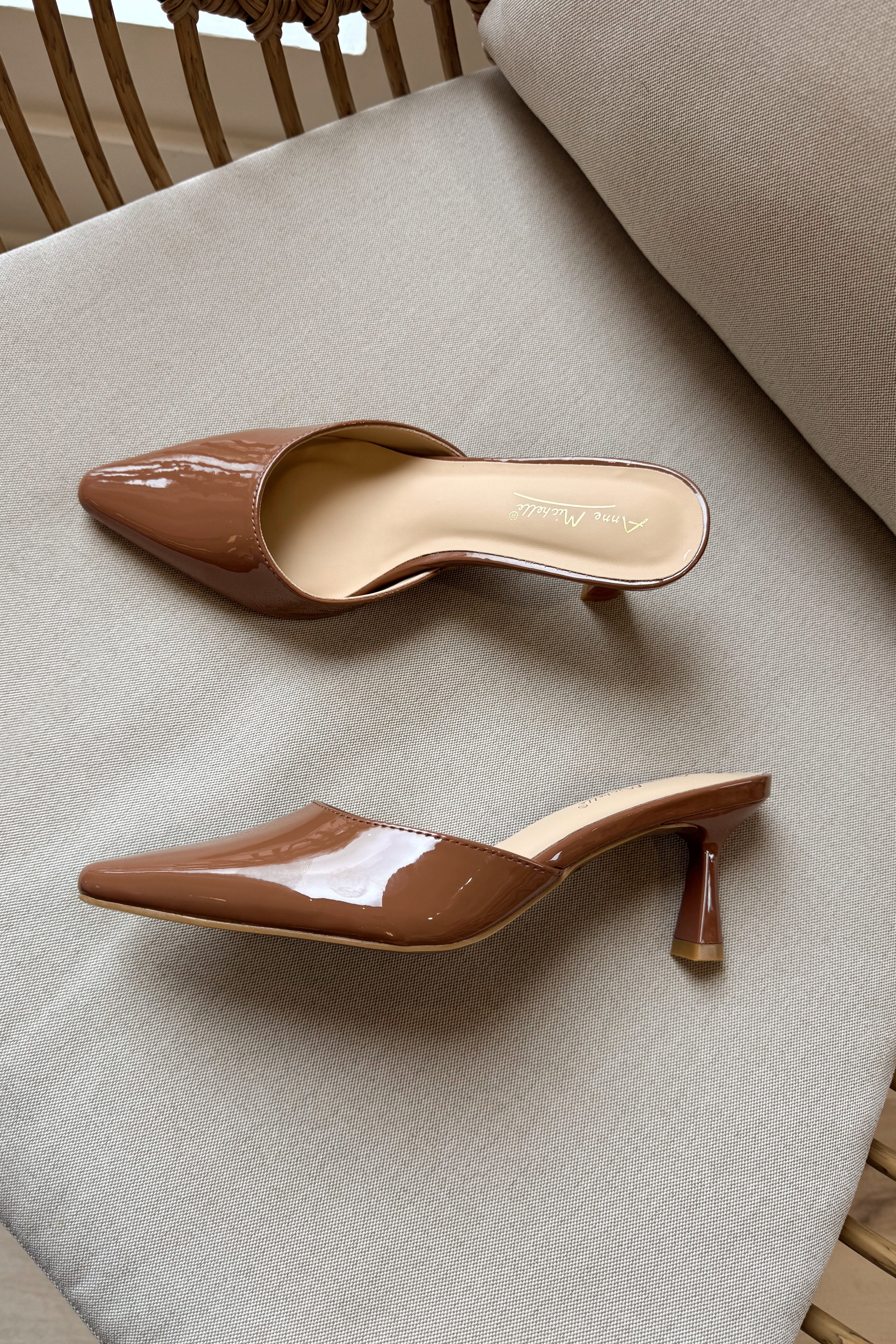 Scarlet Brown Patent Leather Pointed Toe Heel- flat lay view