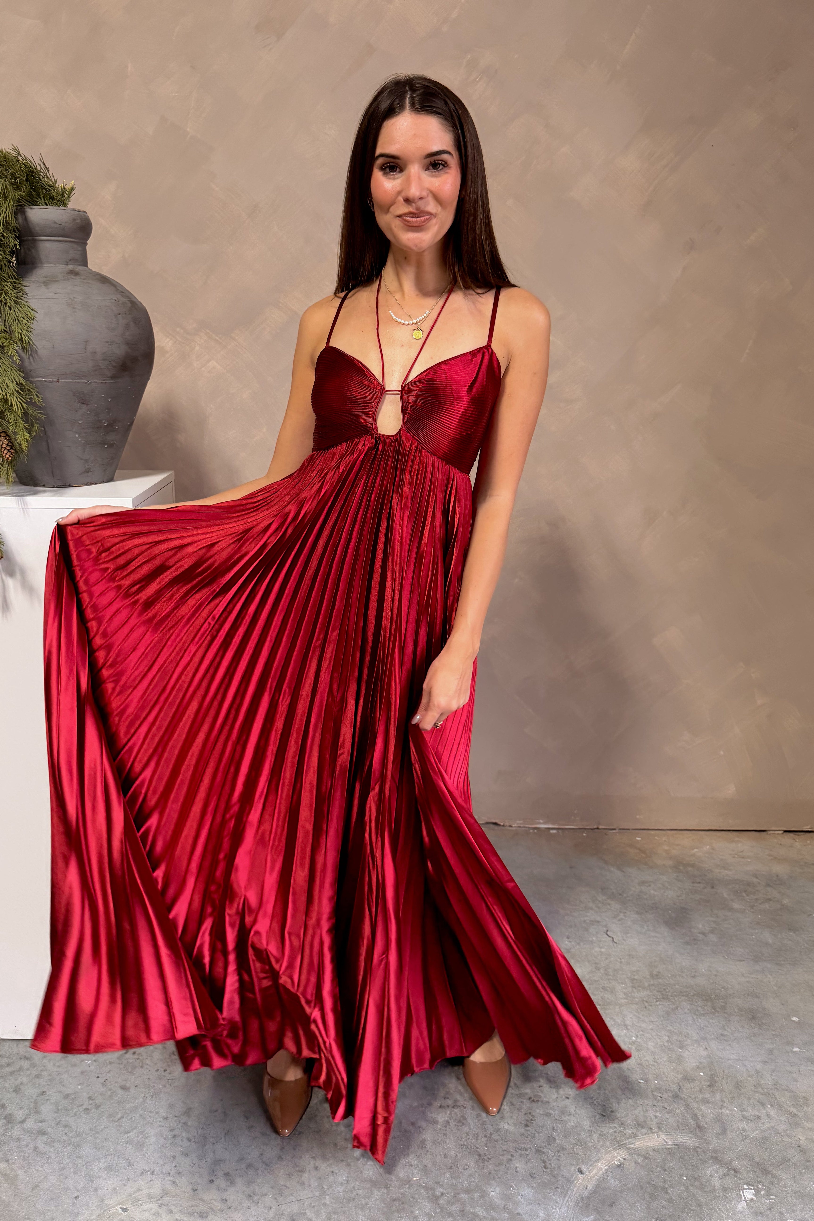 Burgundy Pleated Satin Maxi Dress