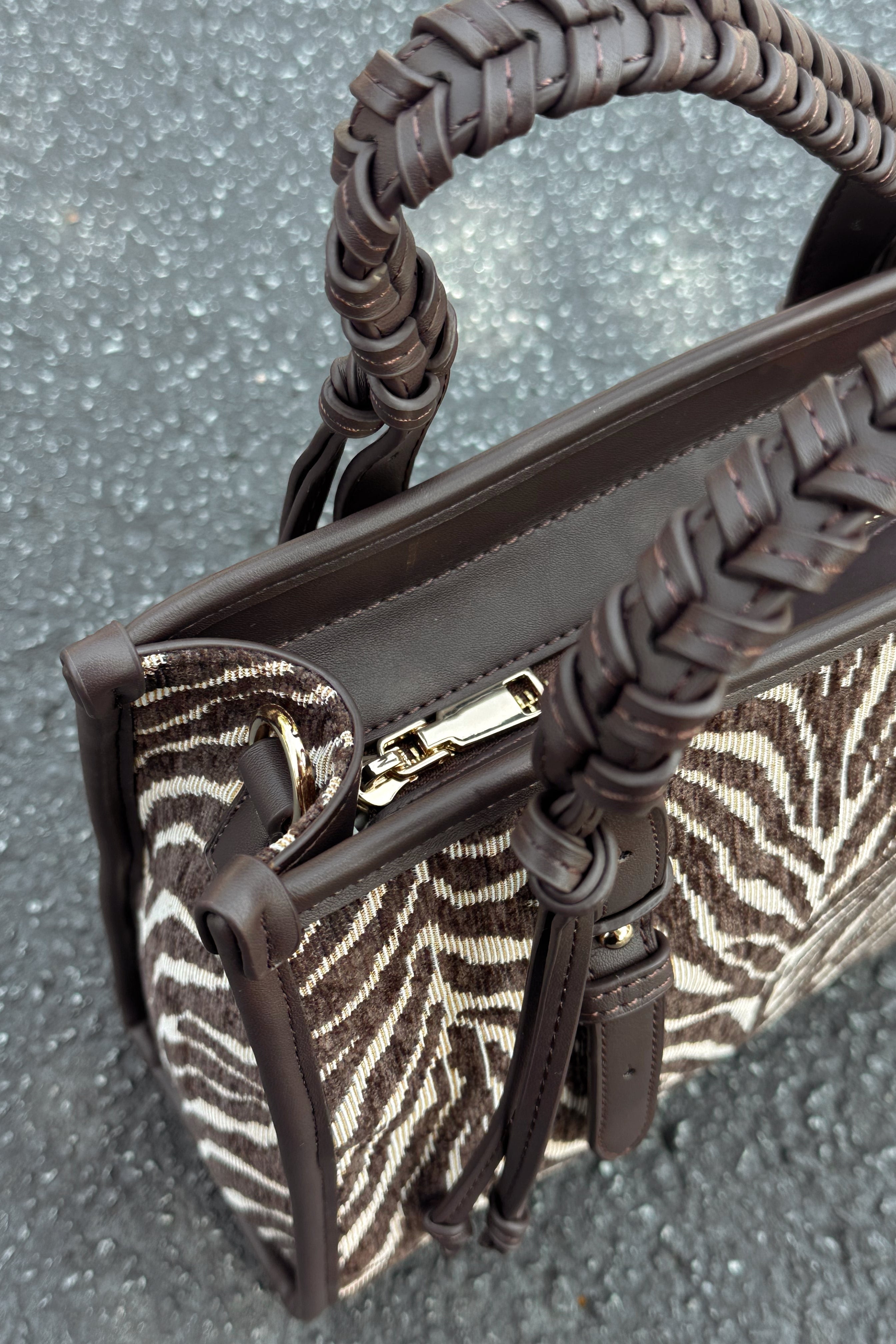 Dinsdale Chocolate Brown & Cream Zebra Purse- close up top view