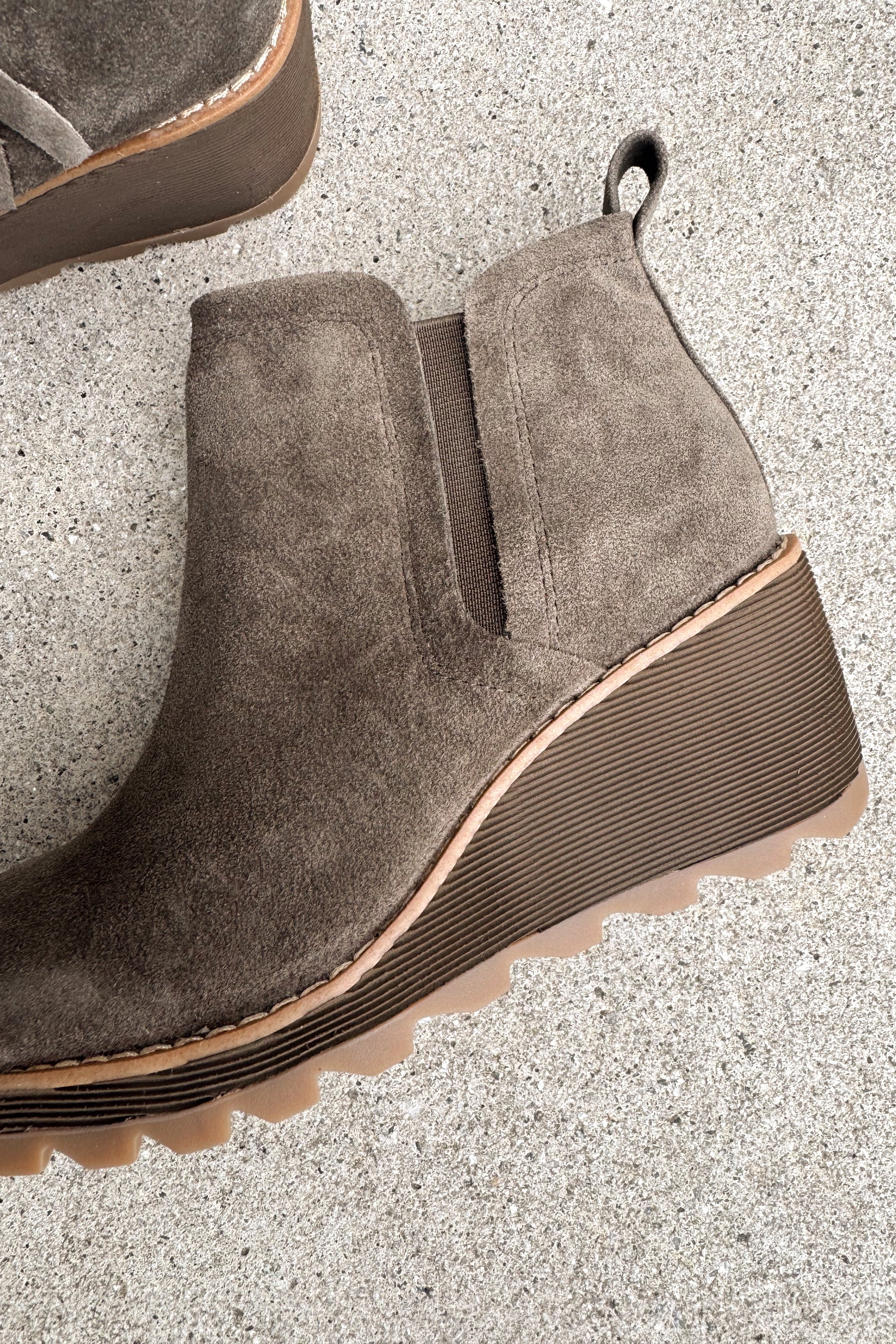 Sofft Emma Dark Taupe Wedge Bootie- close up side view