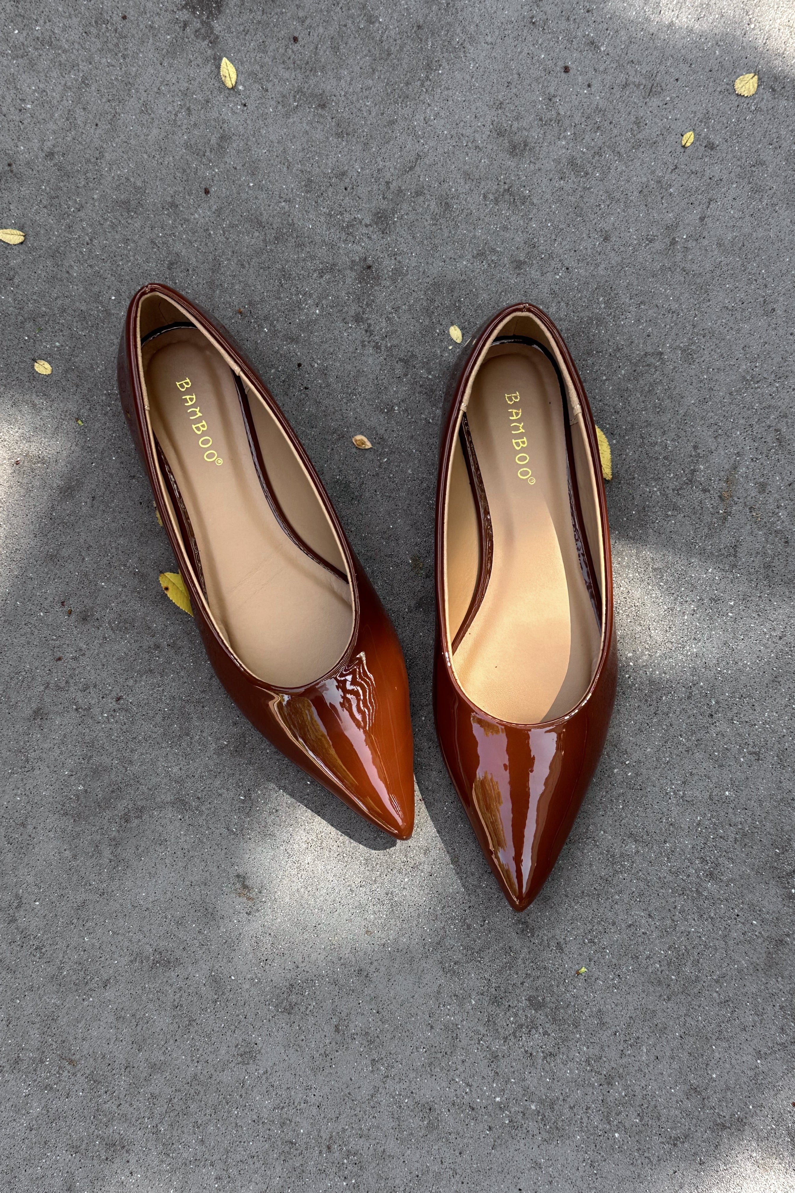 Rational Brown Patent Leather Pointed Toe Flats- flat lay view