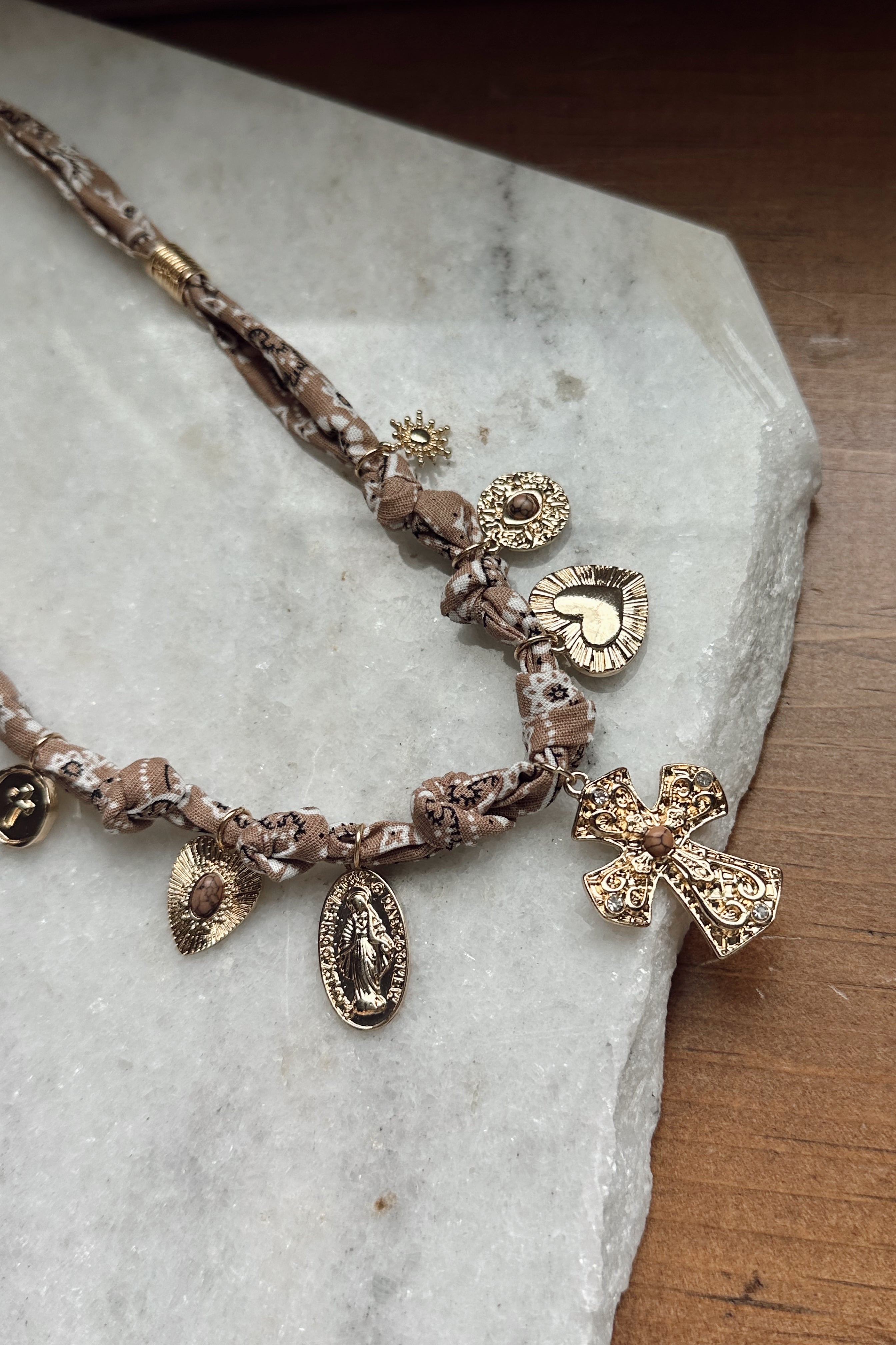 Taryn Beige Western Scarf & Charms Necklace- flat lay view