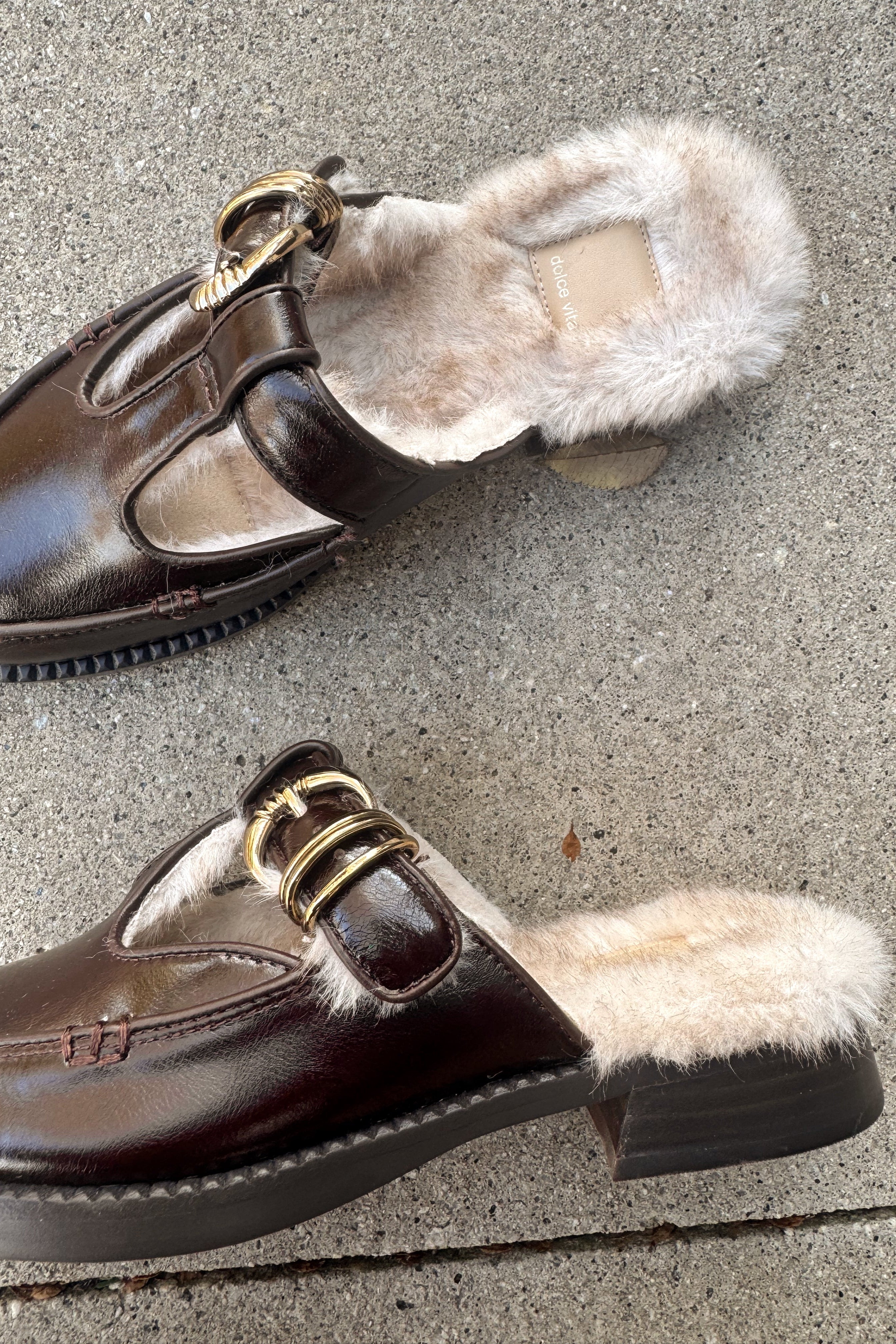 Harlah Chocolate Leather Plush Flats- top aerial view