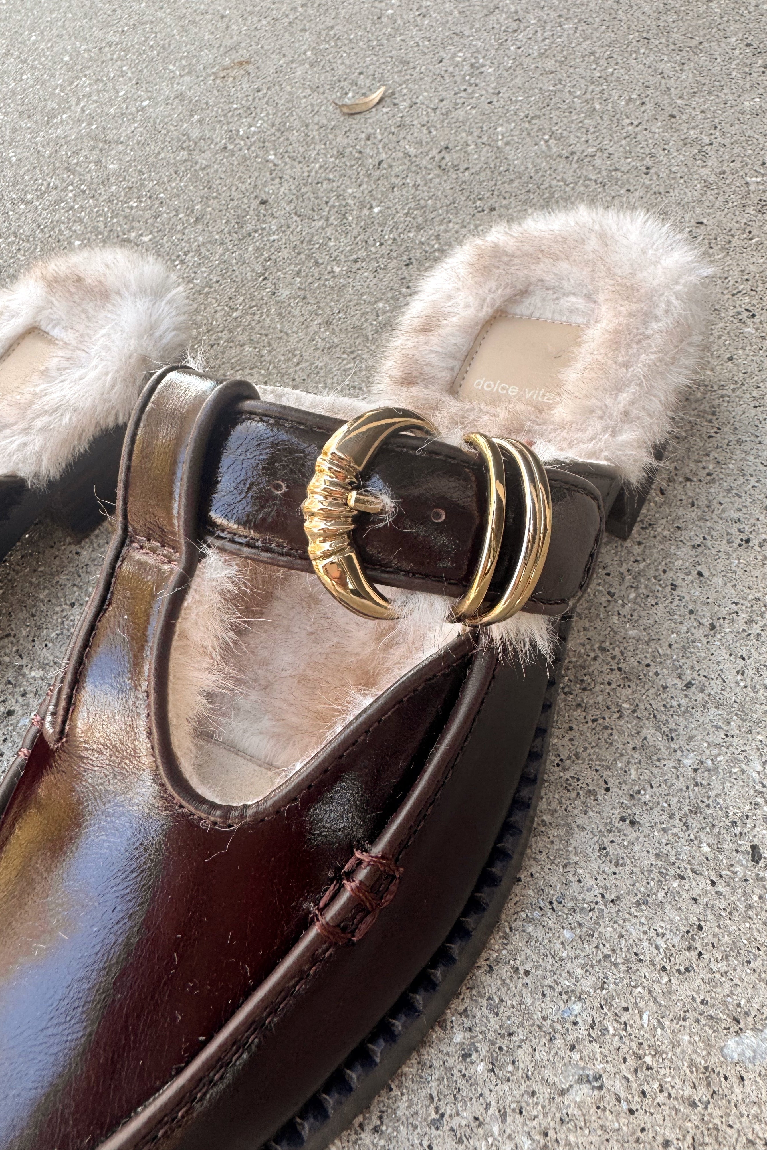 Harlah Chocolate Leather Plush Flats- close up side view