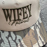 Wifey Material Tan & Camo Trucker Hat- close up view