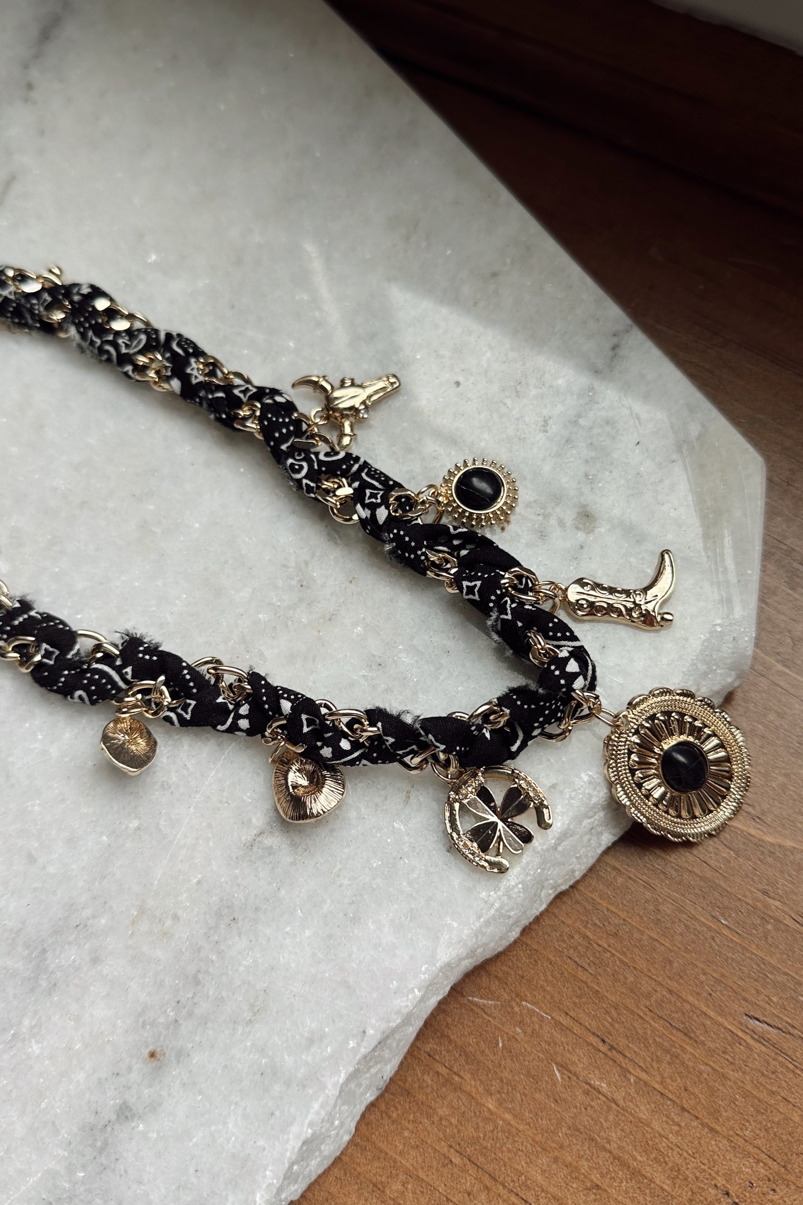 Marlowe Black Scarf & Charms Necklace- front view