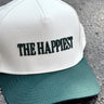 The Happiest Tan & Green Trucker Hat- close up side view