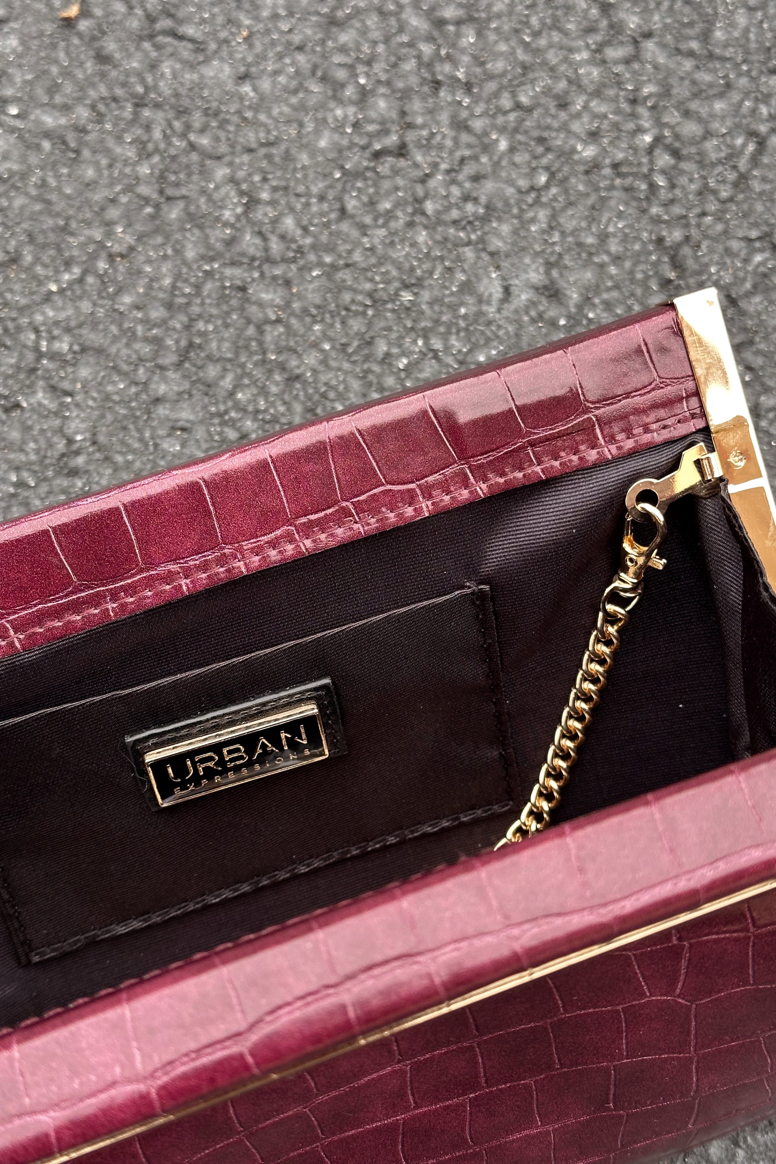Drea Wine Croc & Gold Clutch Purse- close up inside view