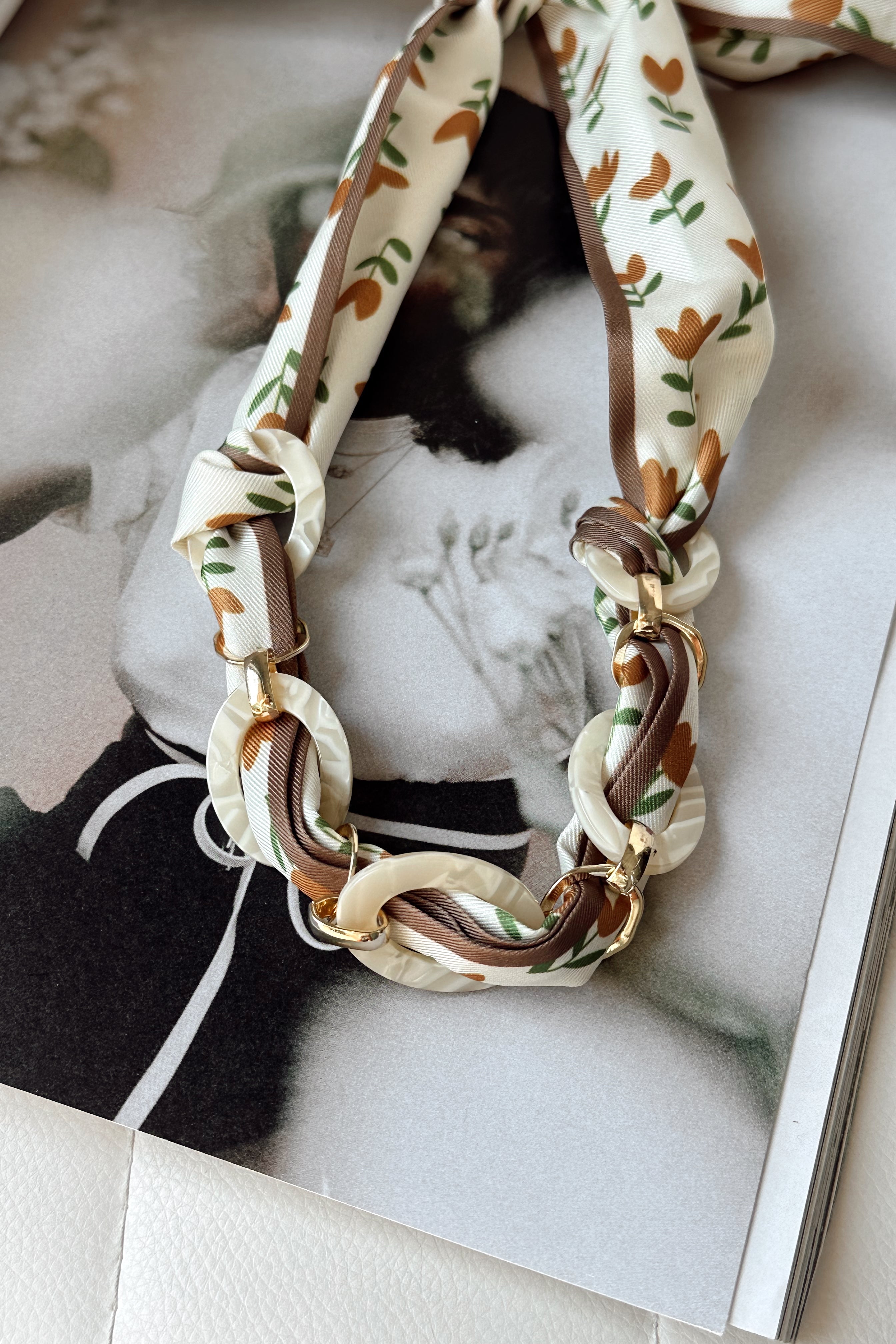Emma Ivory Multi Floral Scarf Necklace- close up view