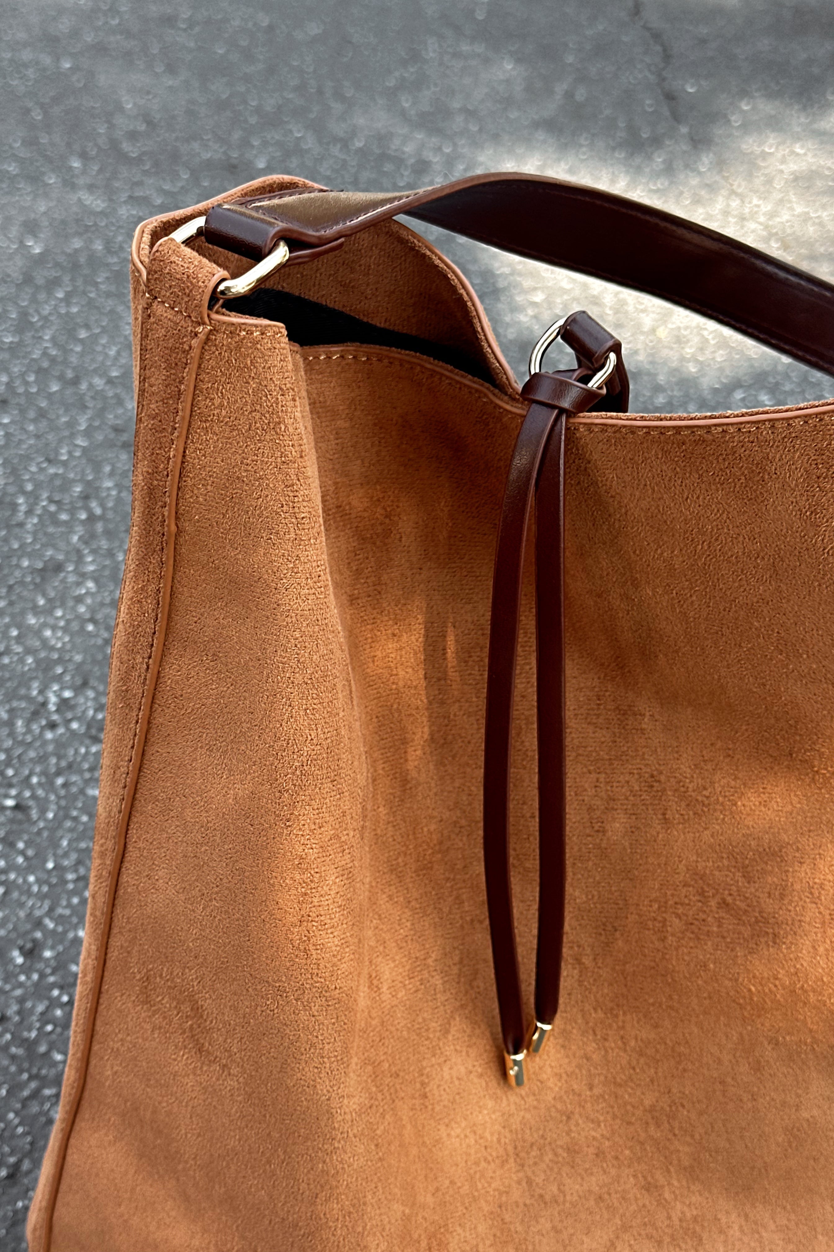 Felicity Cognac Suede & Leather Shoulder Purse- close up side view