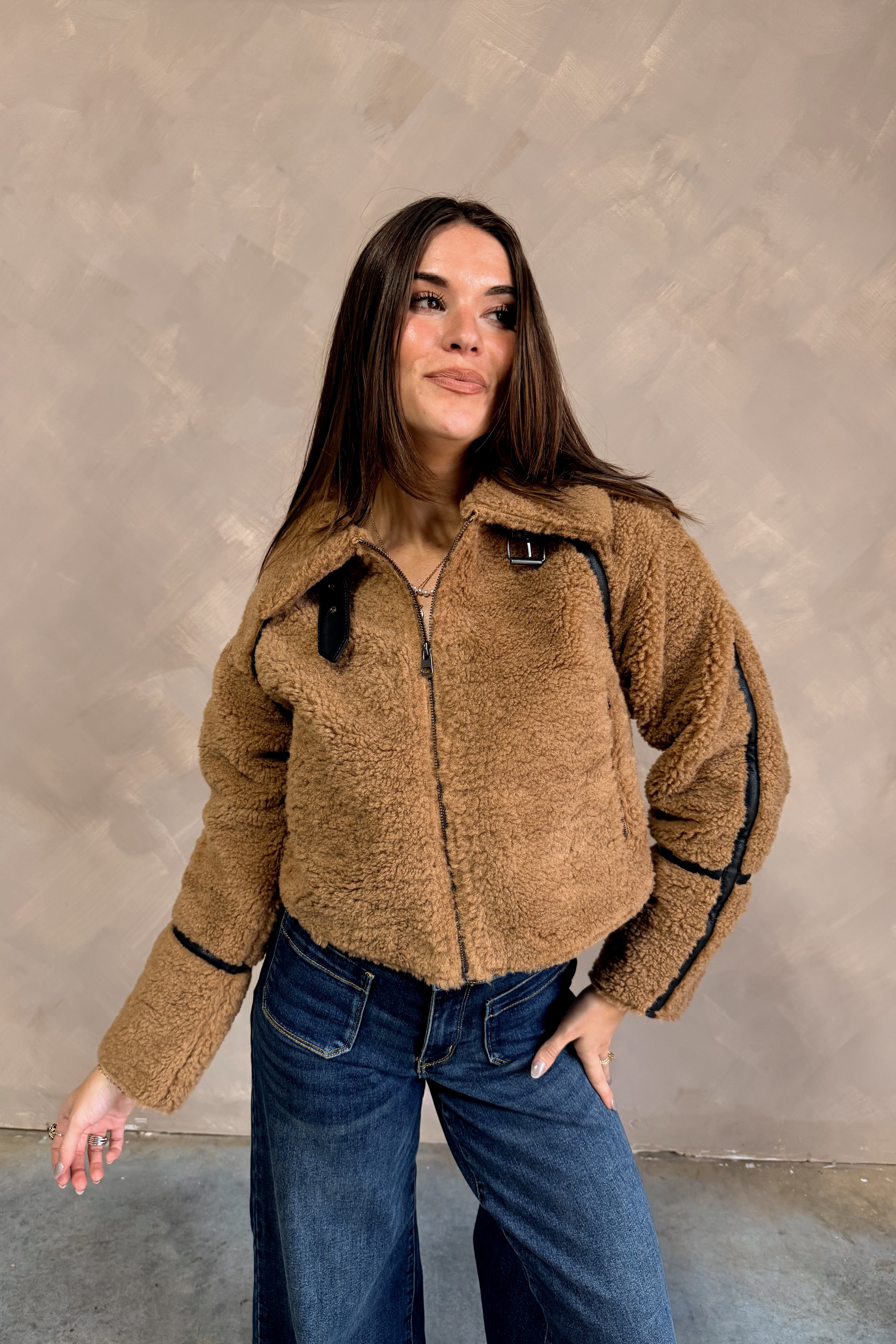Briston Camel Sherpa Zip-Up Jacket - front view zipped