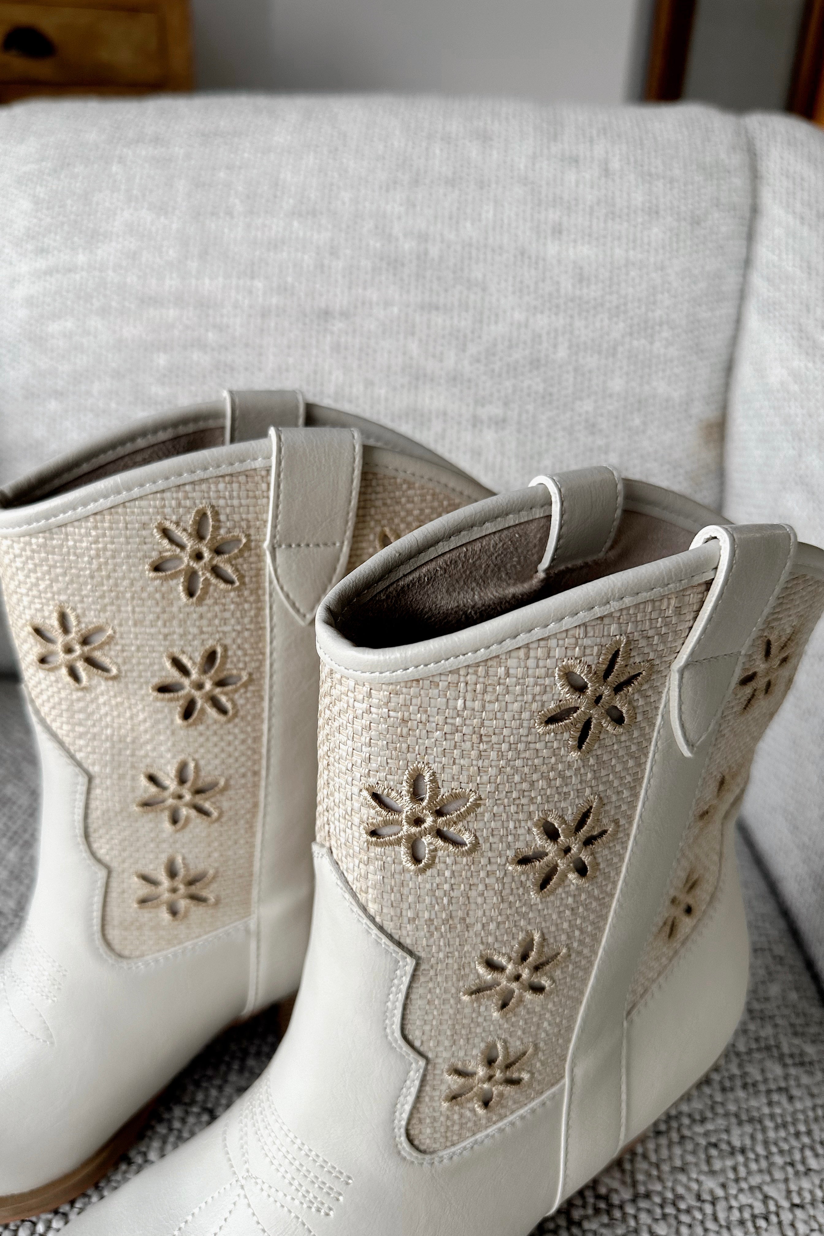 Della Ivory Eyelet Floral Bootie- close up top view