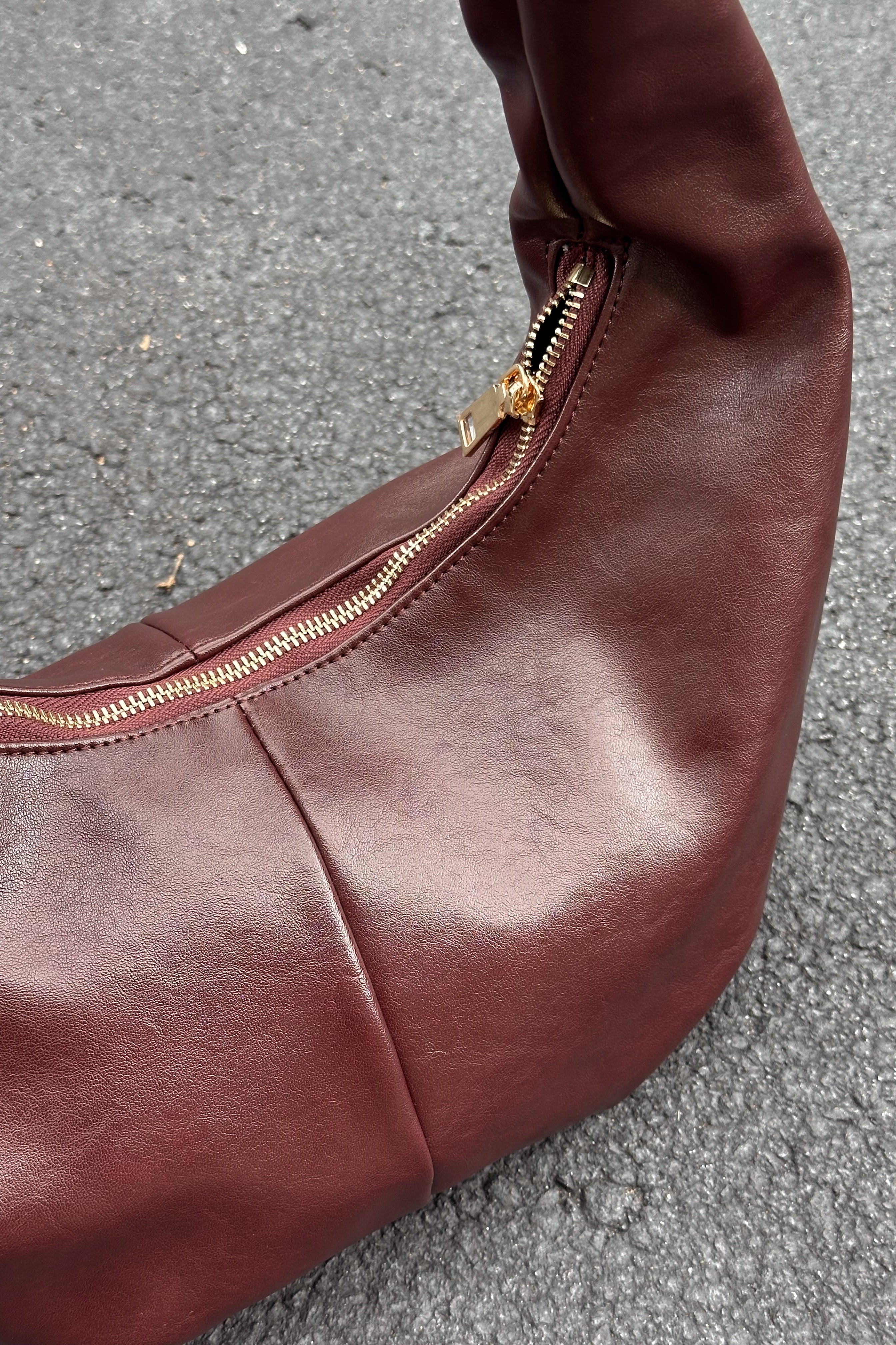 Sara Burgundy Faux Leather Shoulder Purse- close up top view