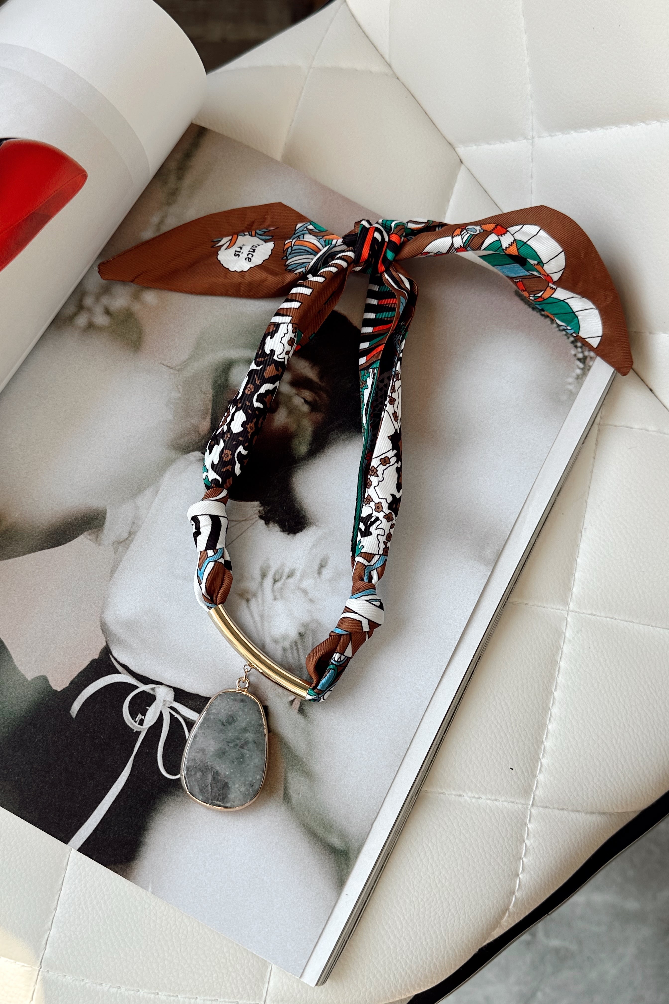 Kylah White Multi & Grey Stone Scarf Necklace- top view