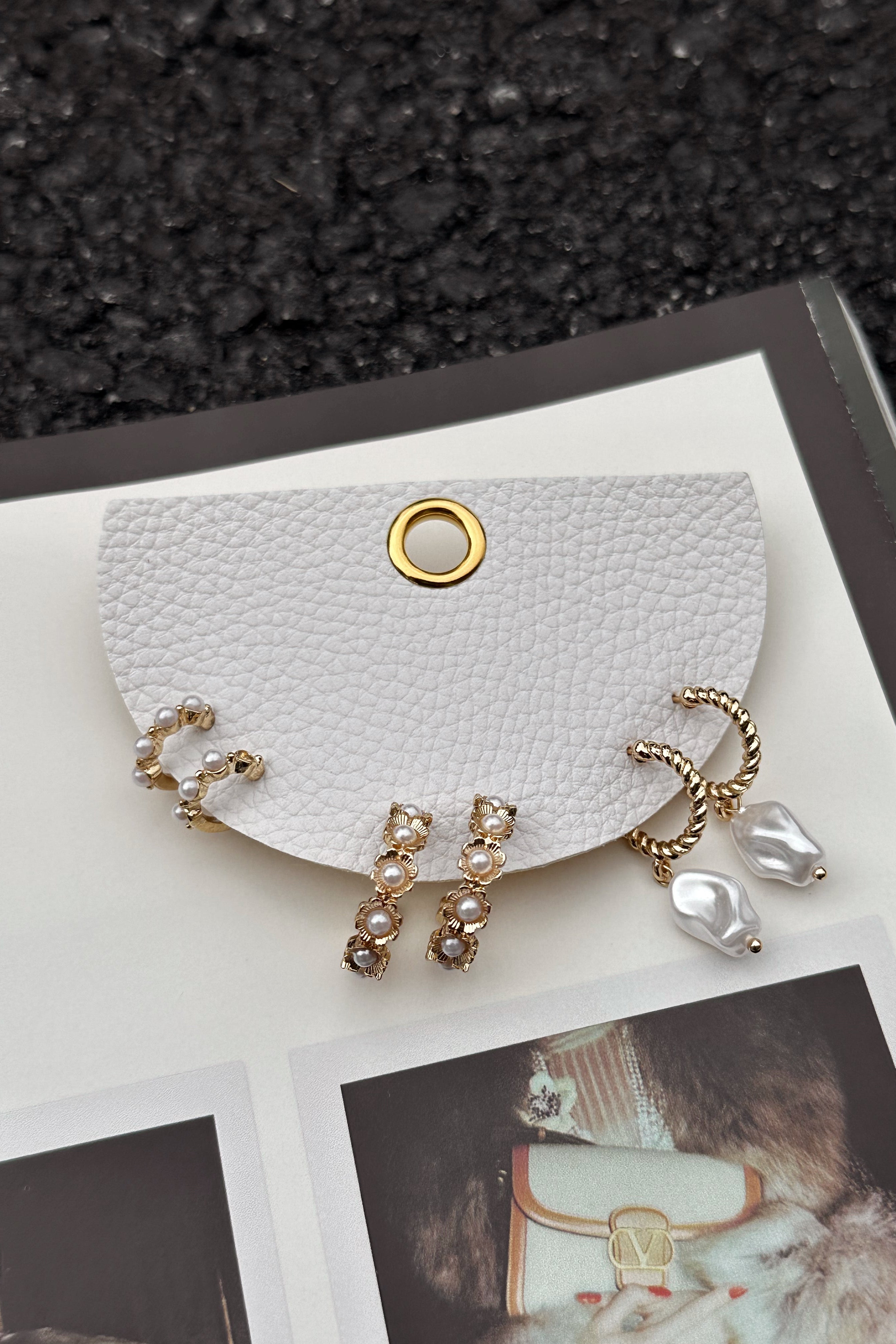 Clara Gold & Pearl Earring Set - flat lay close up